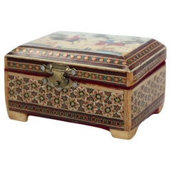 Vintage Middle Eastern Persian Khatam Trinket Box with Miniature Art Painting 1950s