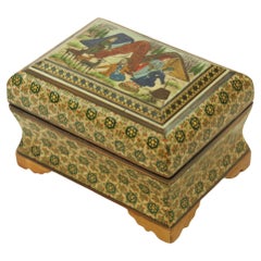 Caja de baratijas Khatam persa de Oriente Medio con pintura artística en miniatura Años 50