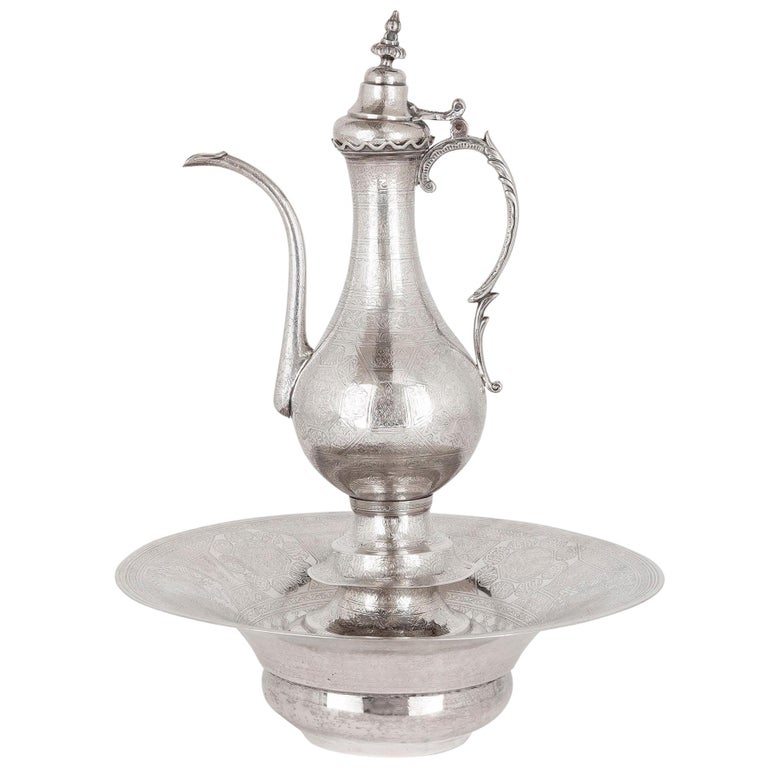 Middle Eastern Silver Ewer and Basin For Sale