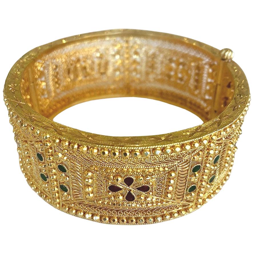 Middle Eastern Style Red and Green Enamel Wide Bangle Bracelet 21 Karat Gold