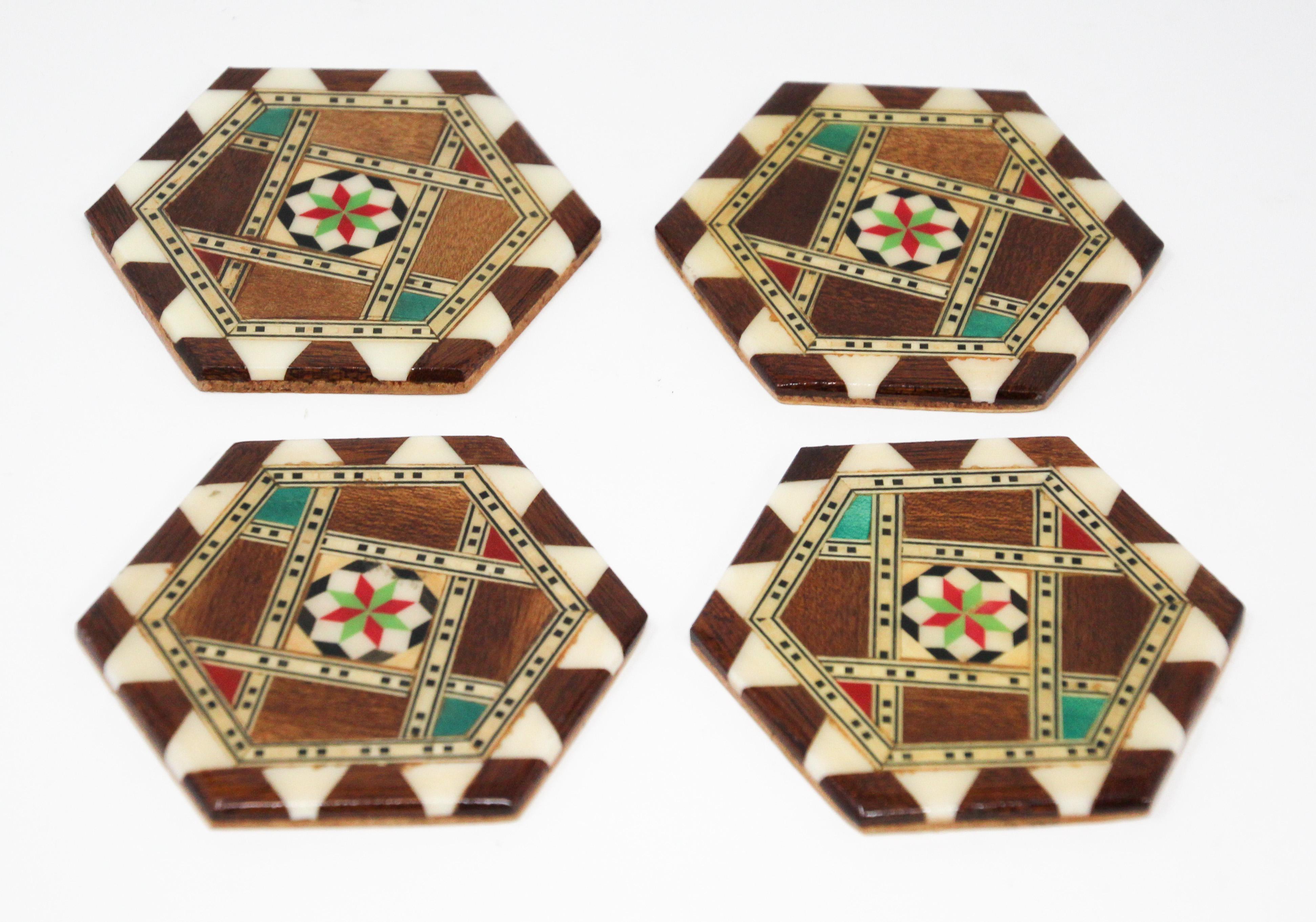 Moorish Middle Eastern Syrian Inlaid Marquetry Mosaic Set of Four Coasters