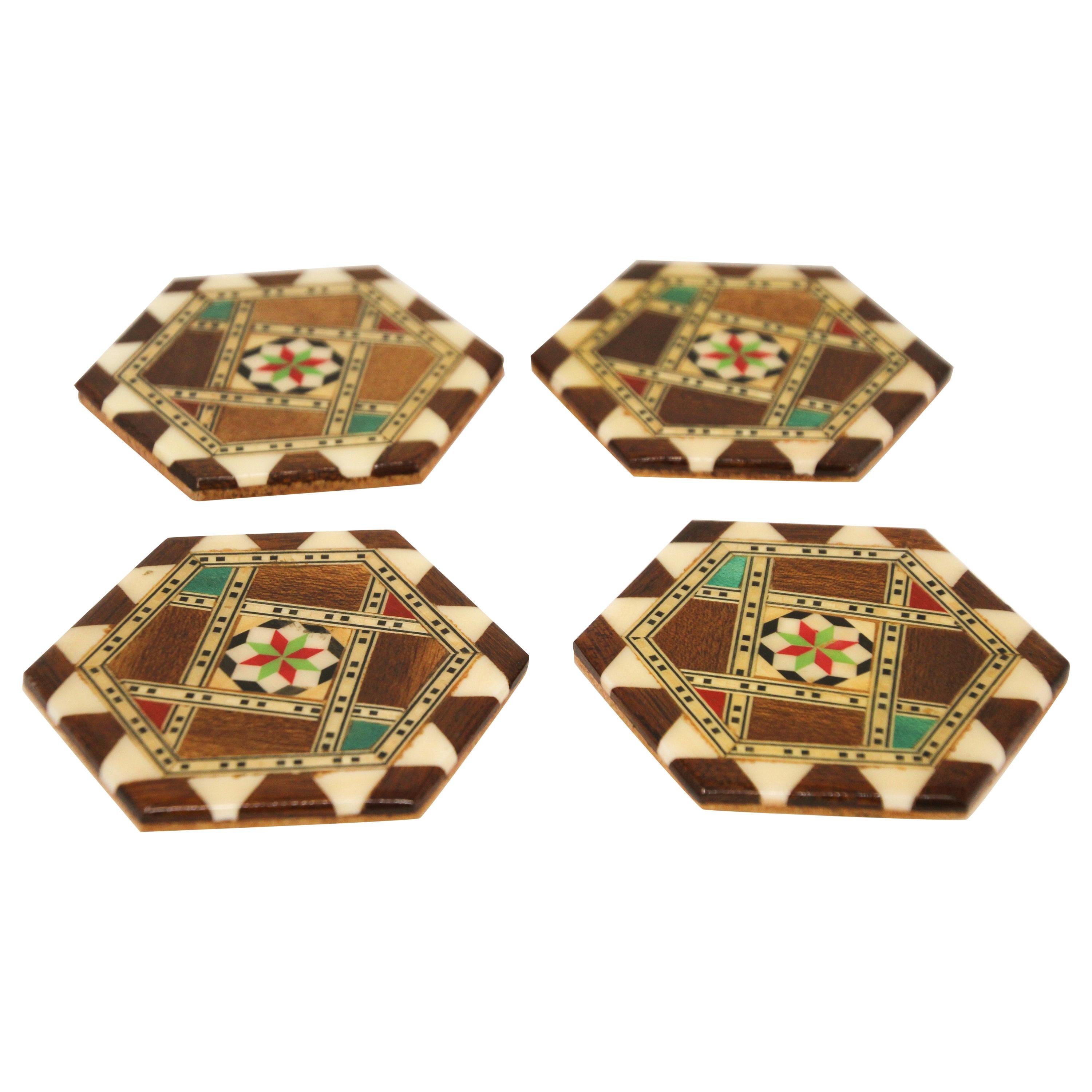 Middle Eastern Syrian Inlaid Marquetry Mosaic Set of Four Coasters