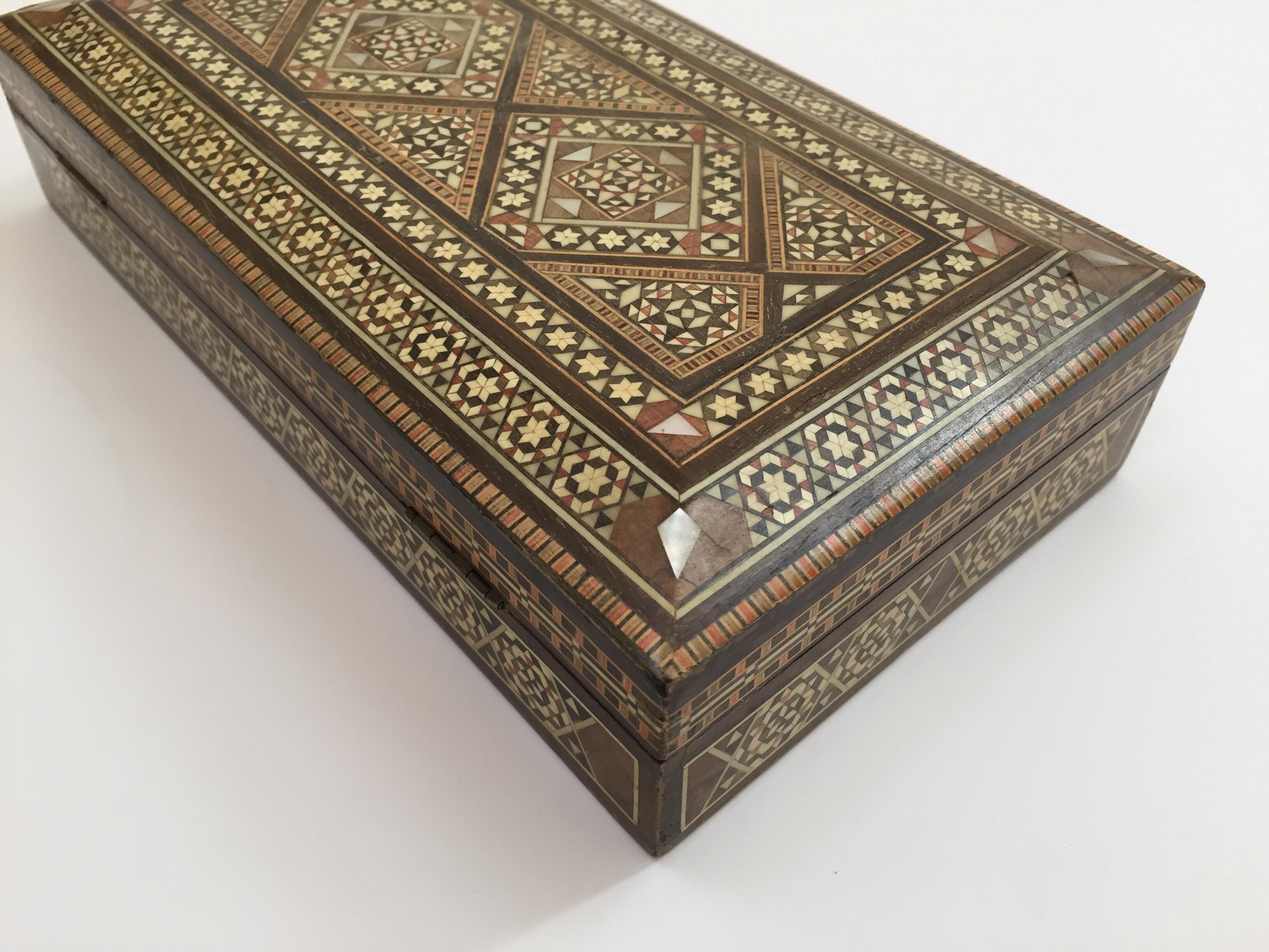 Moorish Middle Eastern Syrian Micro Mosaic Khatam Inlaid Jewelry Box