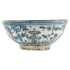 Middle Eastern Unusual Islamic Blue & White Painted Ceramic Bowl