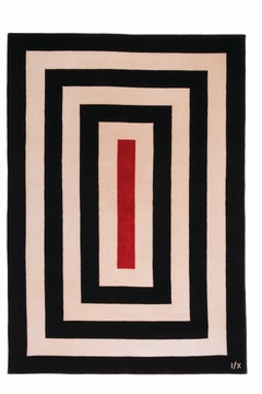 Tappeto Medio  Tappeto moderno geometrico in lana bianca e panna con strisce rosse a riquadro