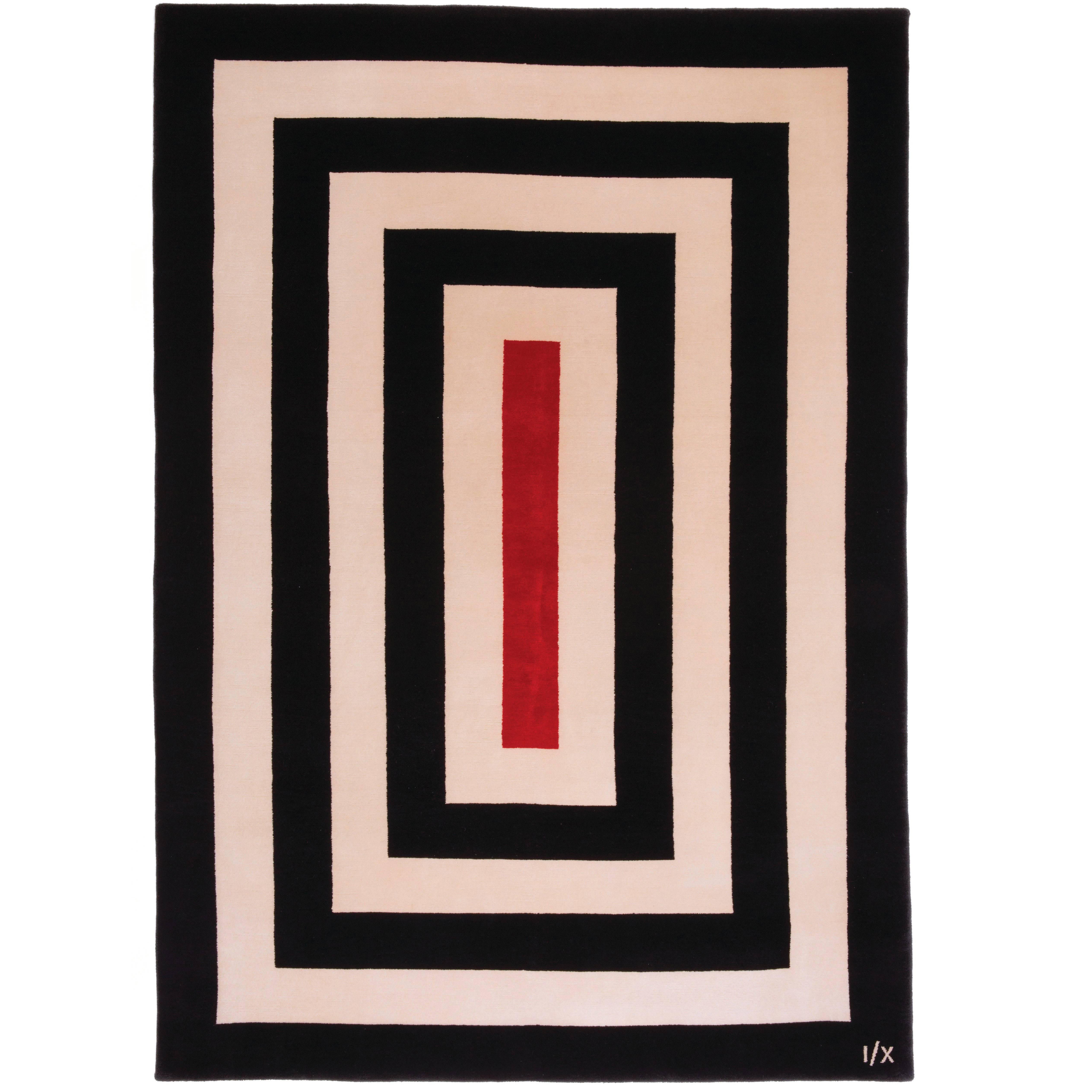  Rug Middle  Modern Geometric Black White Cream Wool w/ Red Box Stripes carpet For Sale