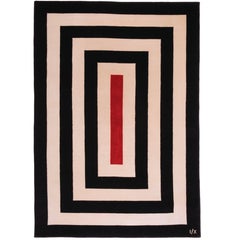 Middle Big - Modern Geometric Black White Cream Wool Rug w/ Red Box Stripes