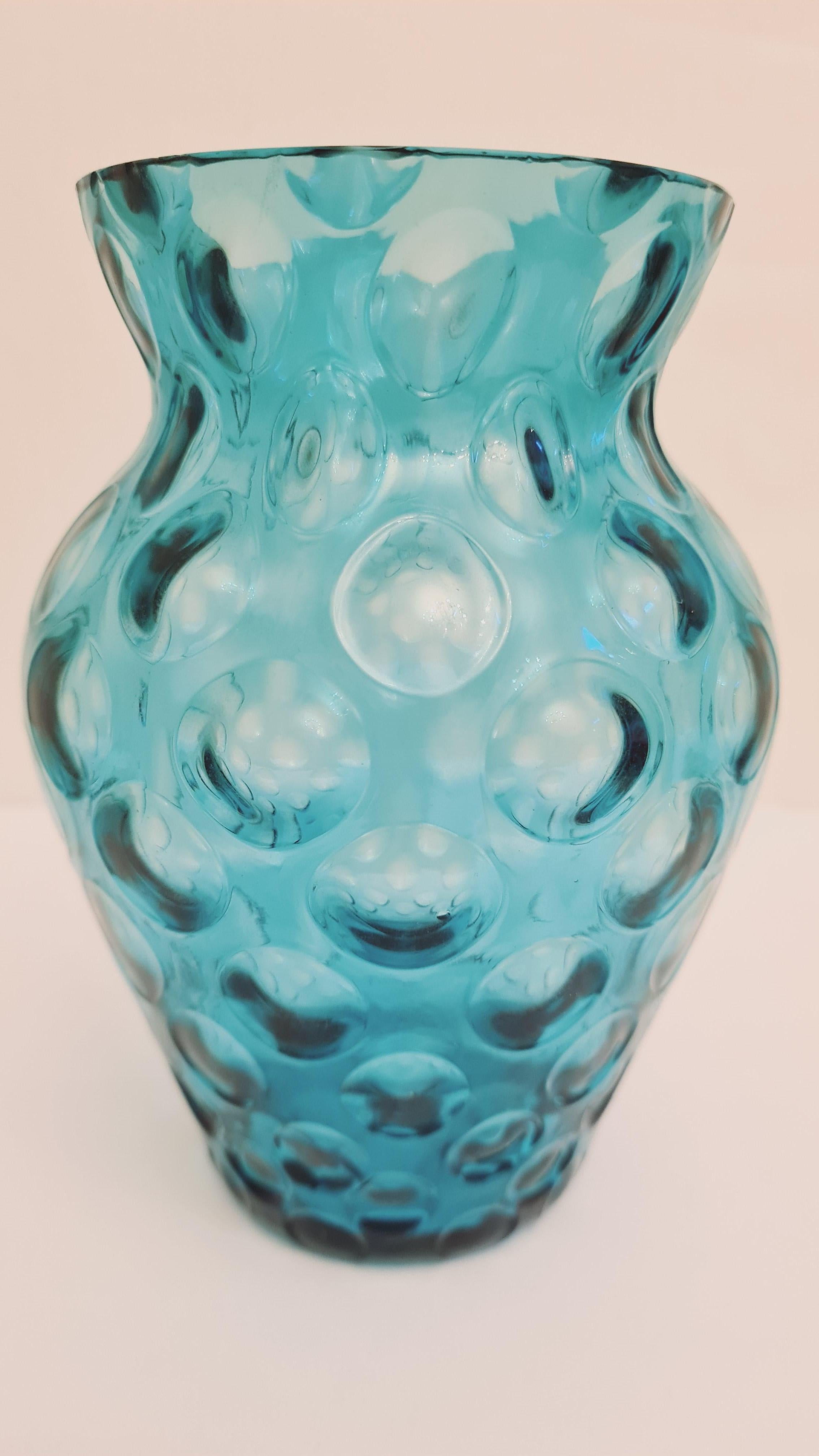 Beautiful middle of century Empoli optical glass vase blue colour brilliant condition.