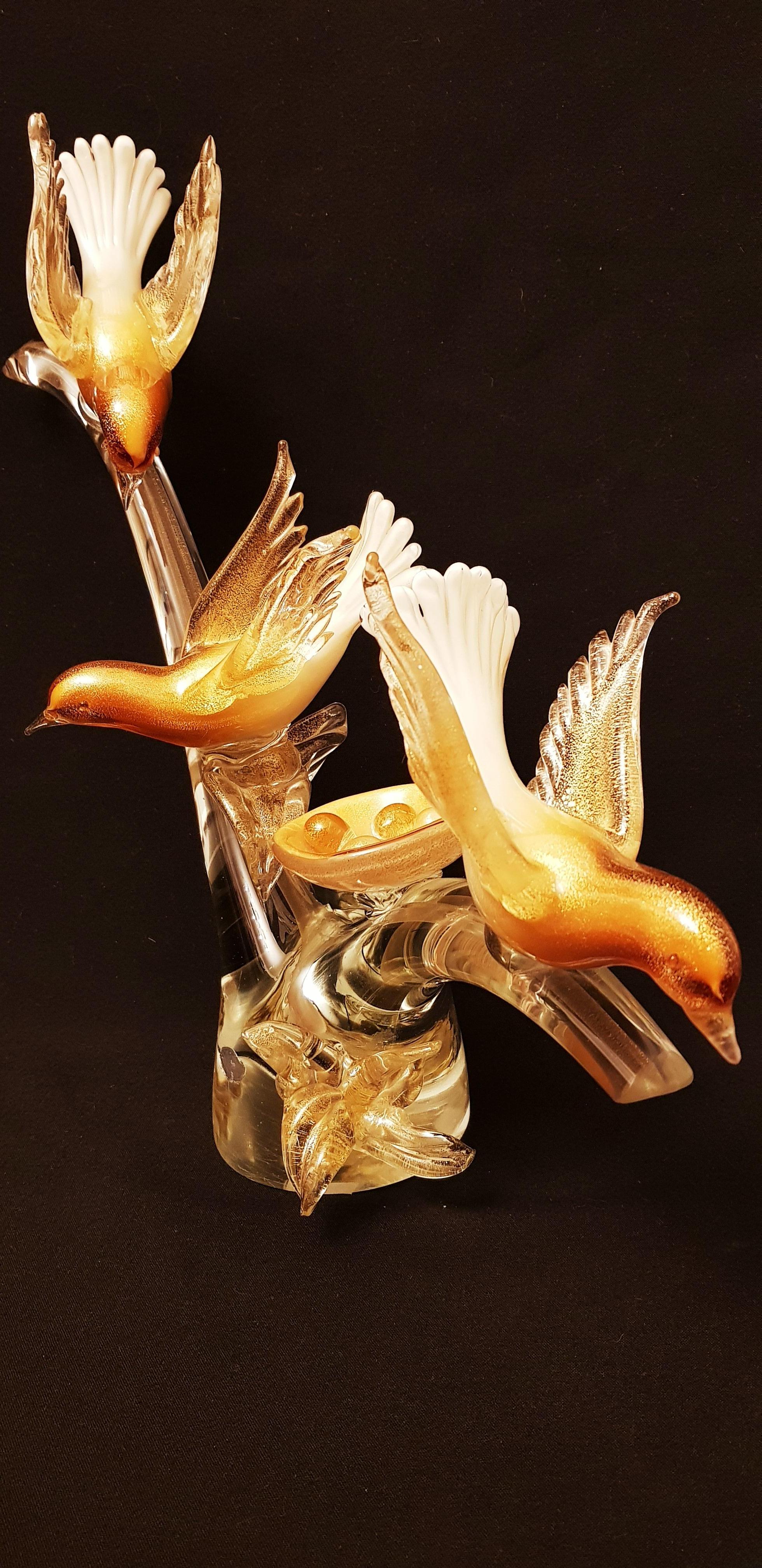 Art Deco Middle of Century Extralarge Birds on the Branch with Gold Leaf For Sale