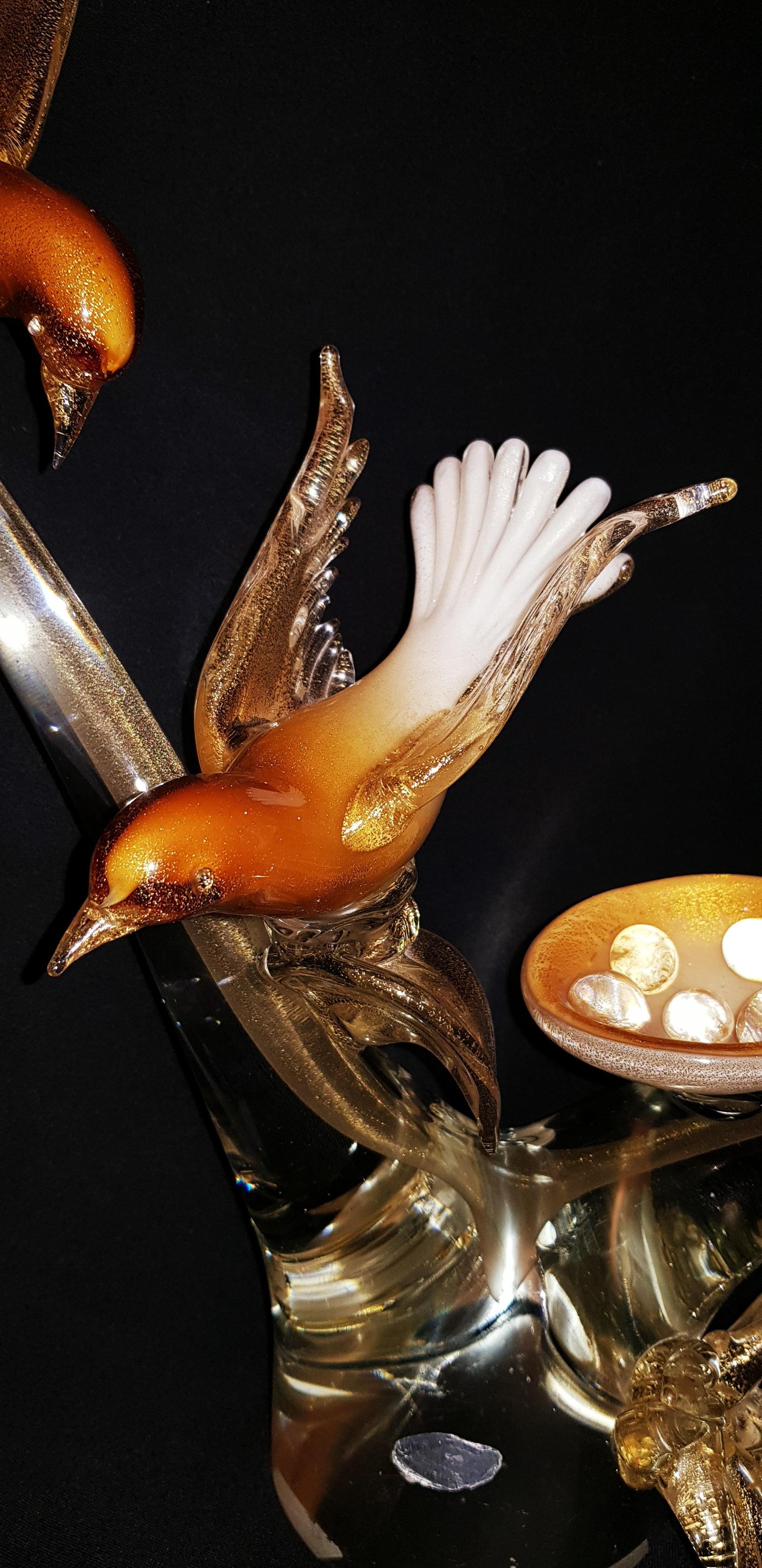 Murano Glass Middle of Century Extralarge Birds on the Branch with Gold Leaf For Sale
