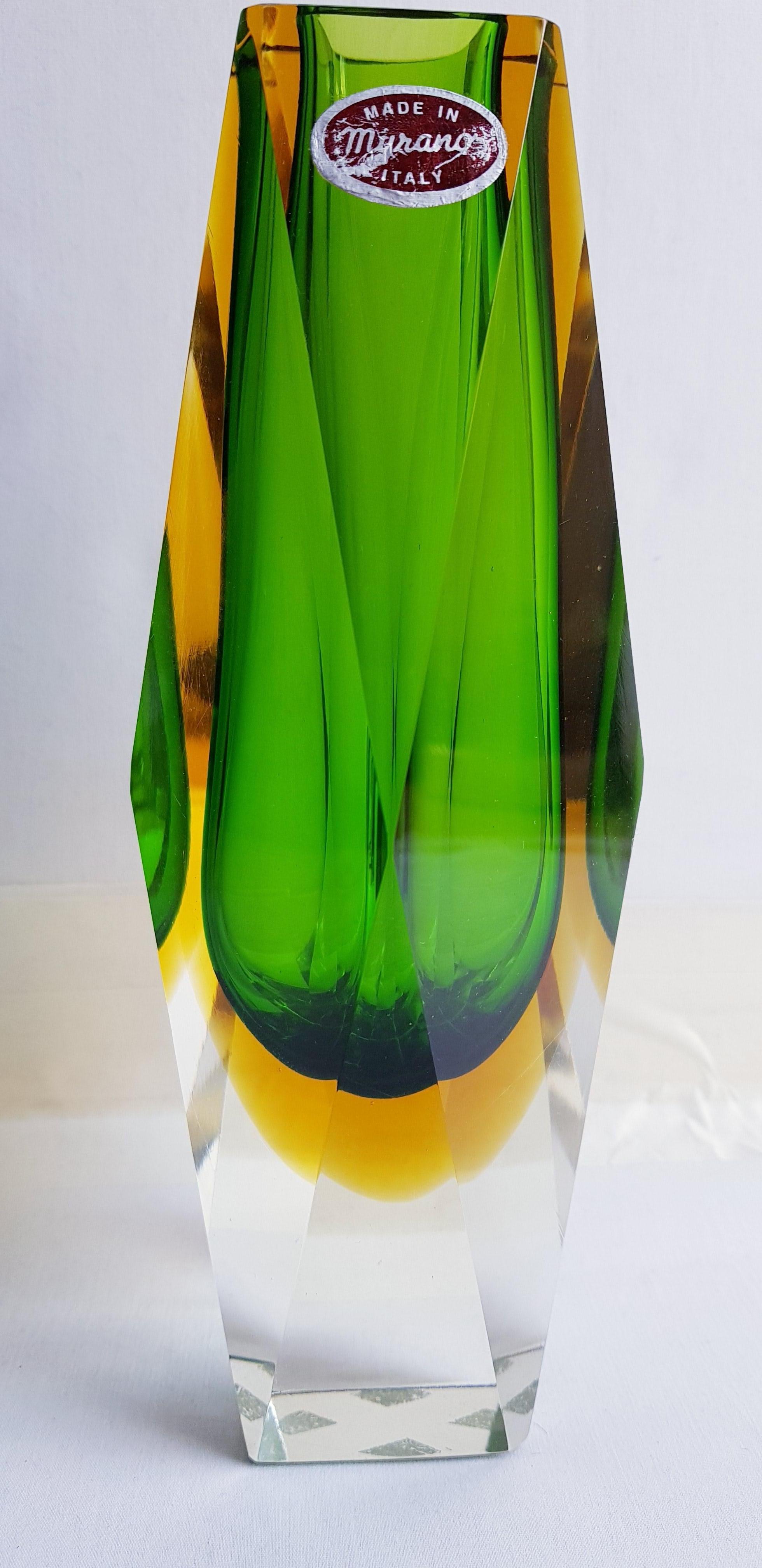 Beautiful middle of century sommerso faceted Murano glass vase, green, amber and clear brilliant condition.
