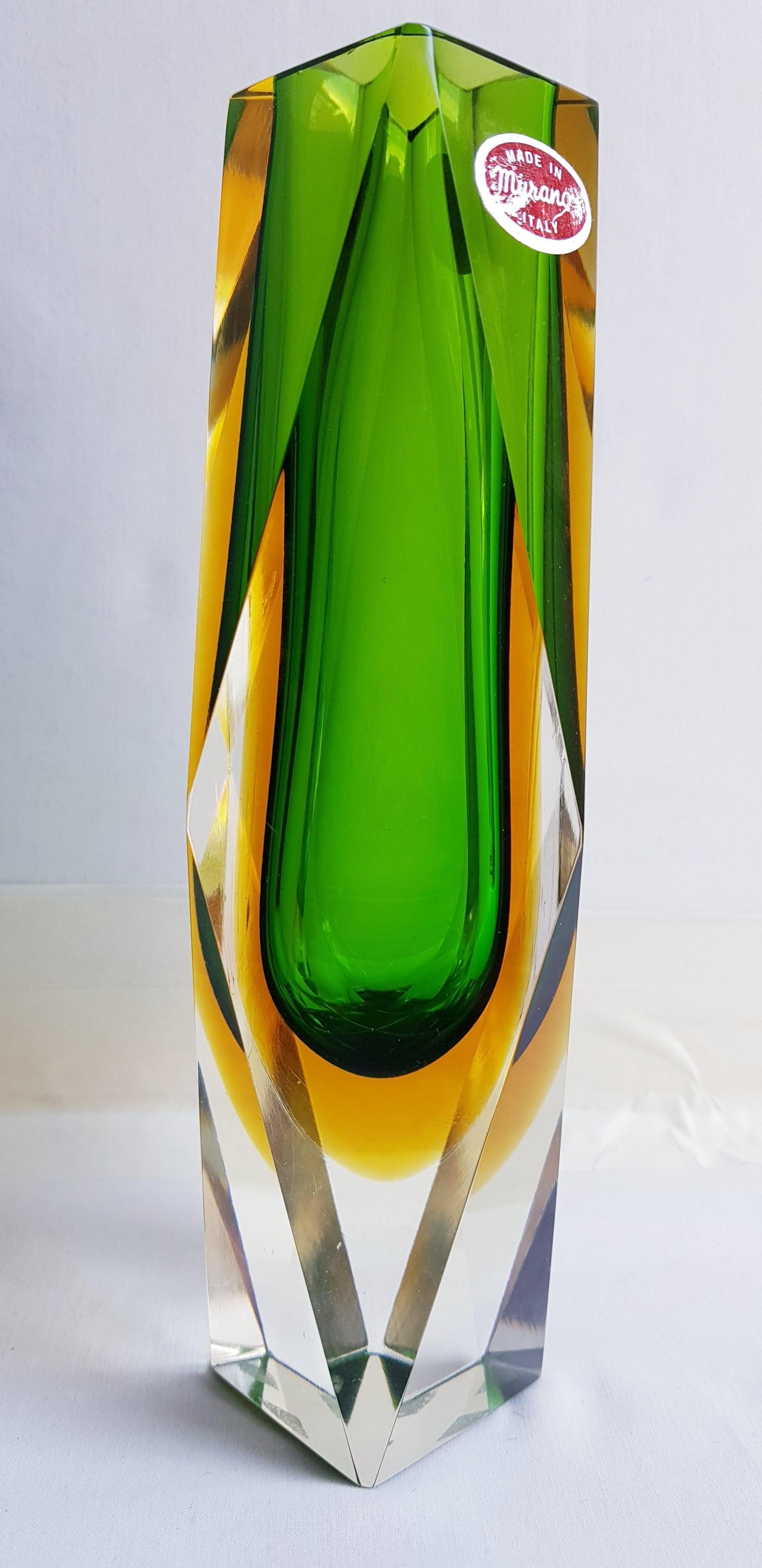 Art Deco Middle of Century Faceted Sommerso Murano Glass Vase For Sale