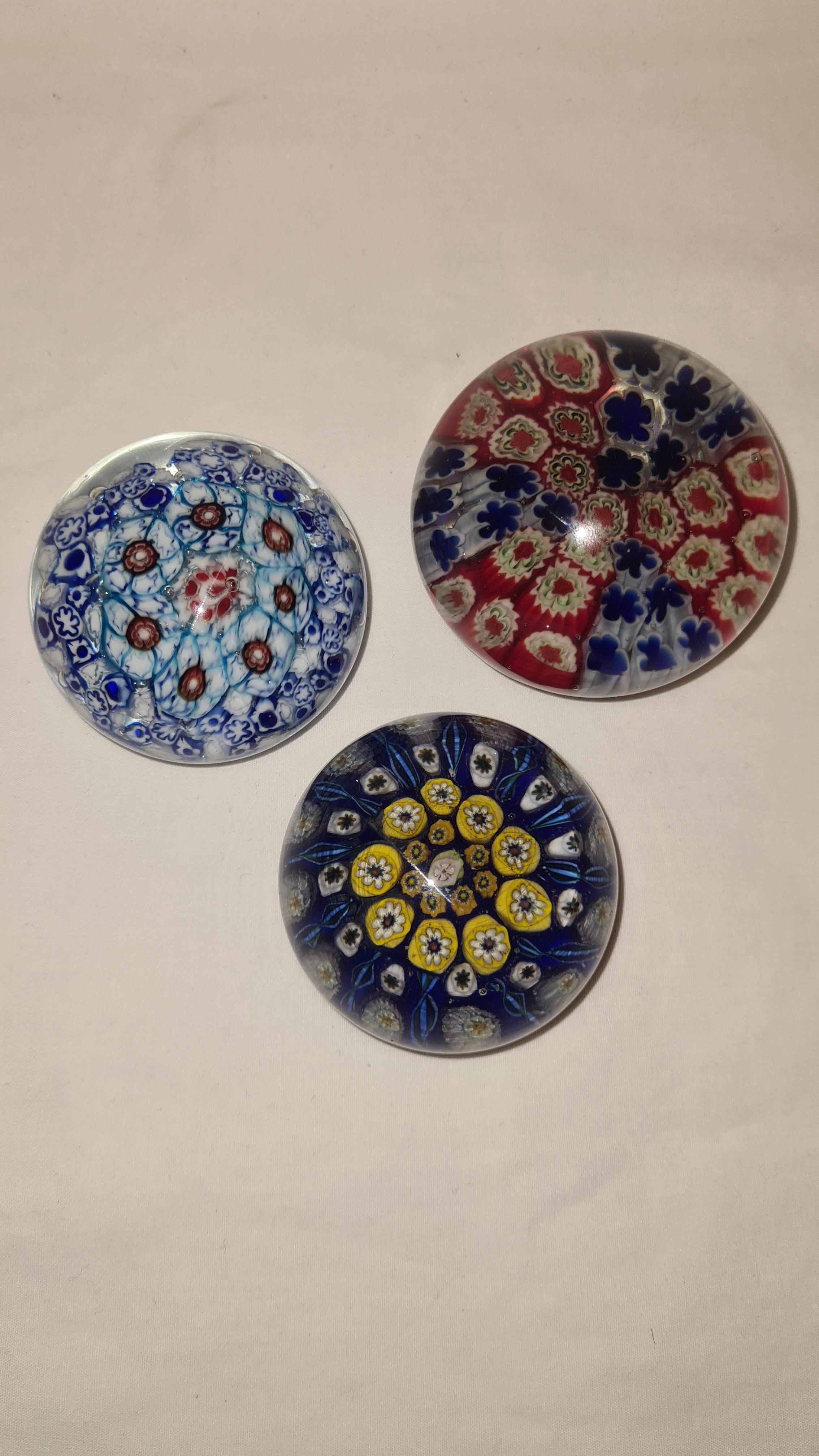 Beautiful middle of century Murano glass millefiore paperweights,set of trees brilliant condition.