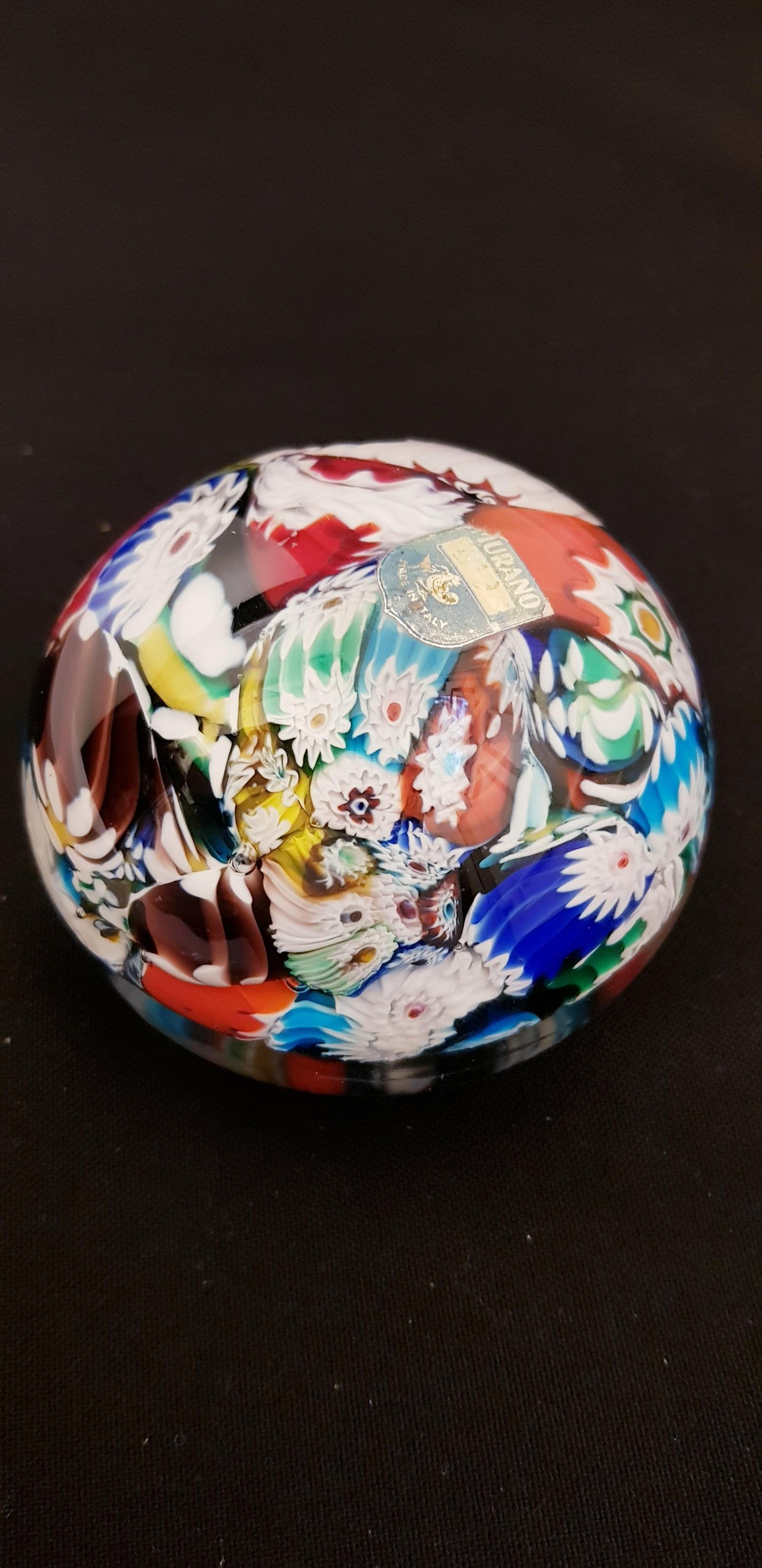 Beautiful middle of century murano glass millefiori paperweight, labelled made in Italy by Fratelli Toso brilliant condition.