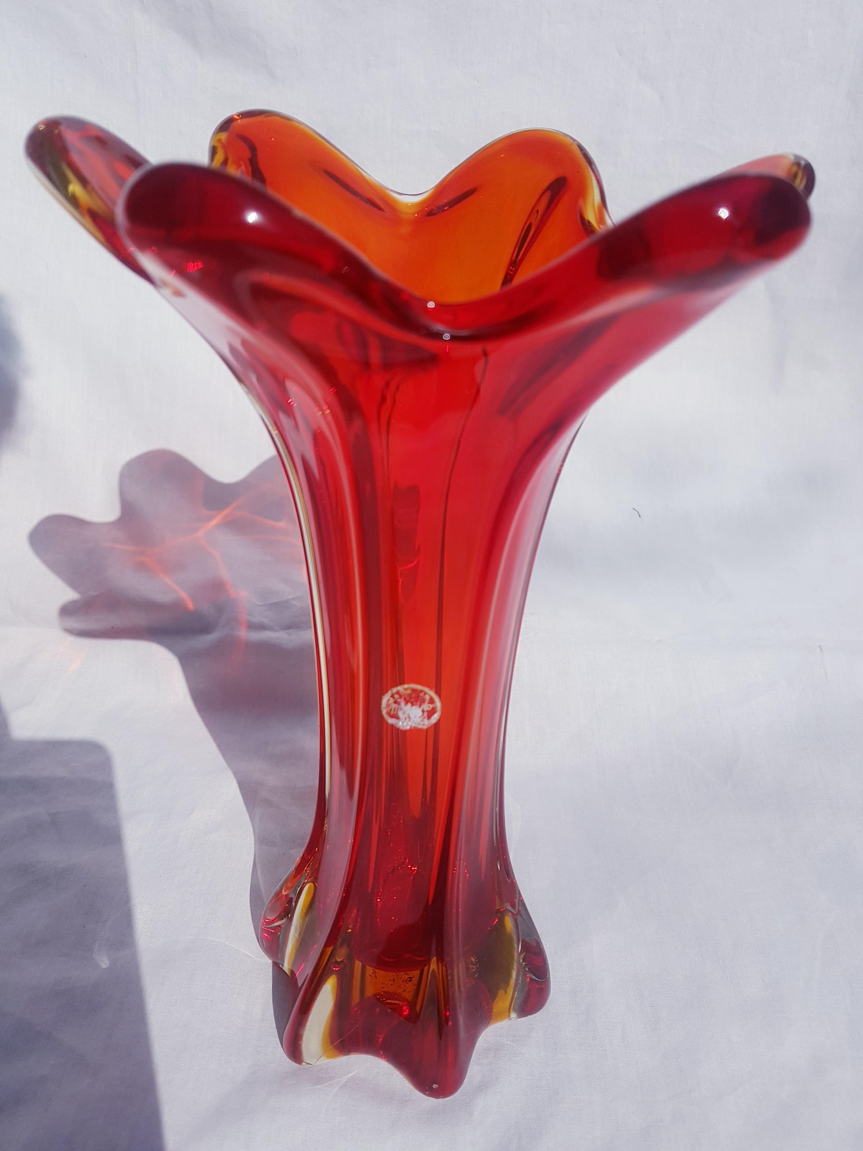 Beautiful middle of century murano glass somerso vase, red, amber and clear by Antonio da Ros for Cenedese with original sticker brilliant condition.