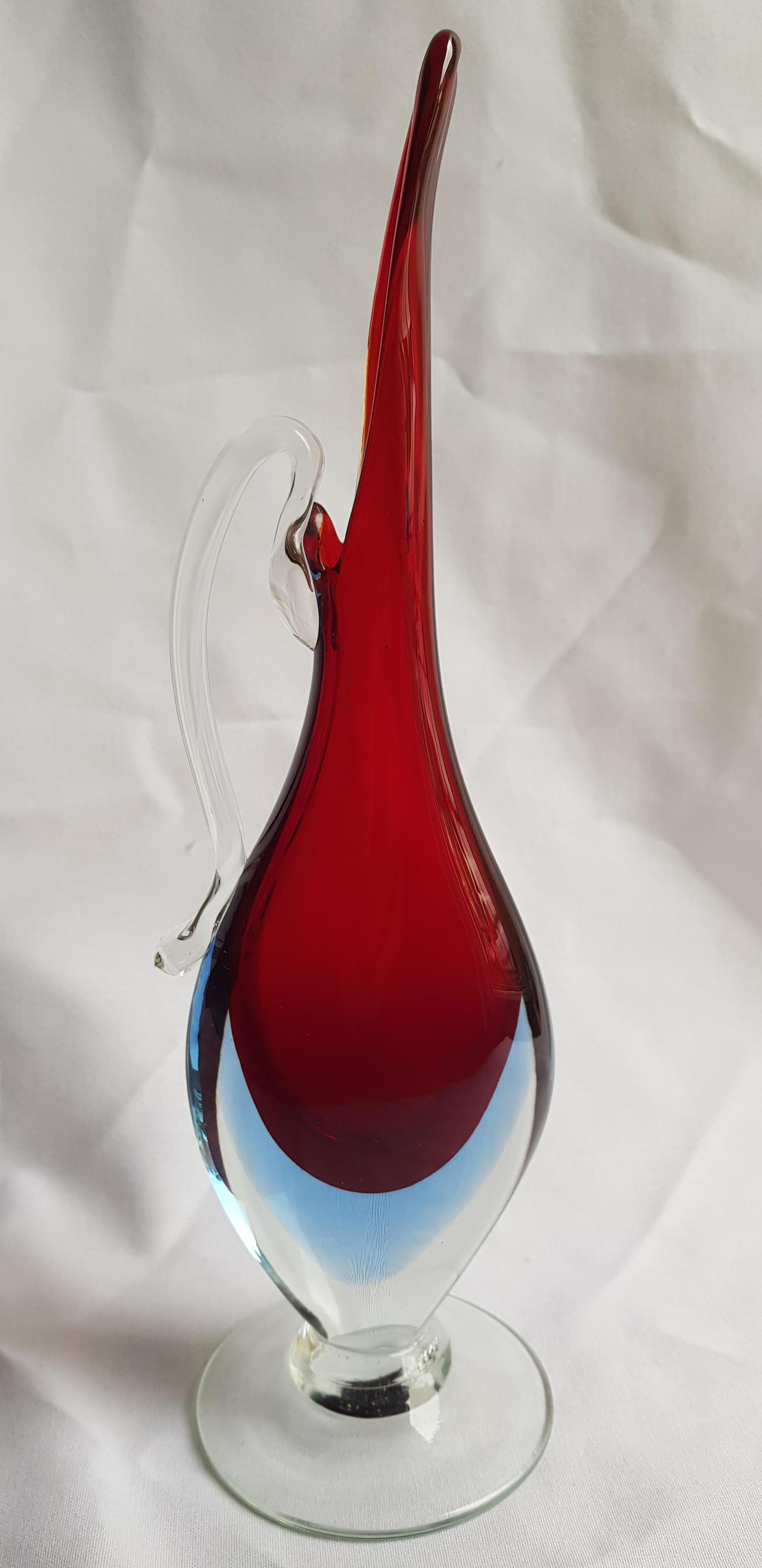 Beautiful middle of century Murano glass sommerso carafe,red, blue and clear brilliant condition.
