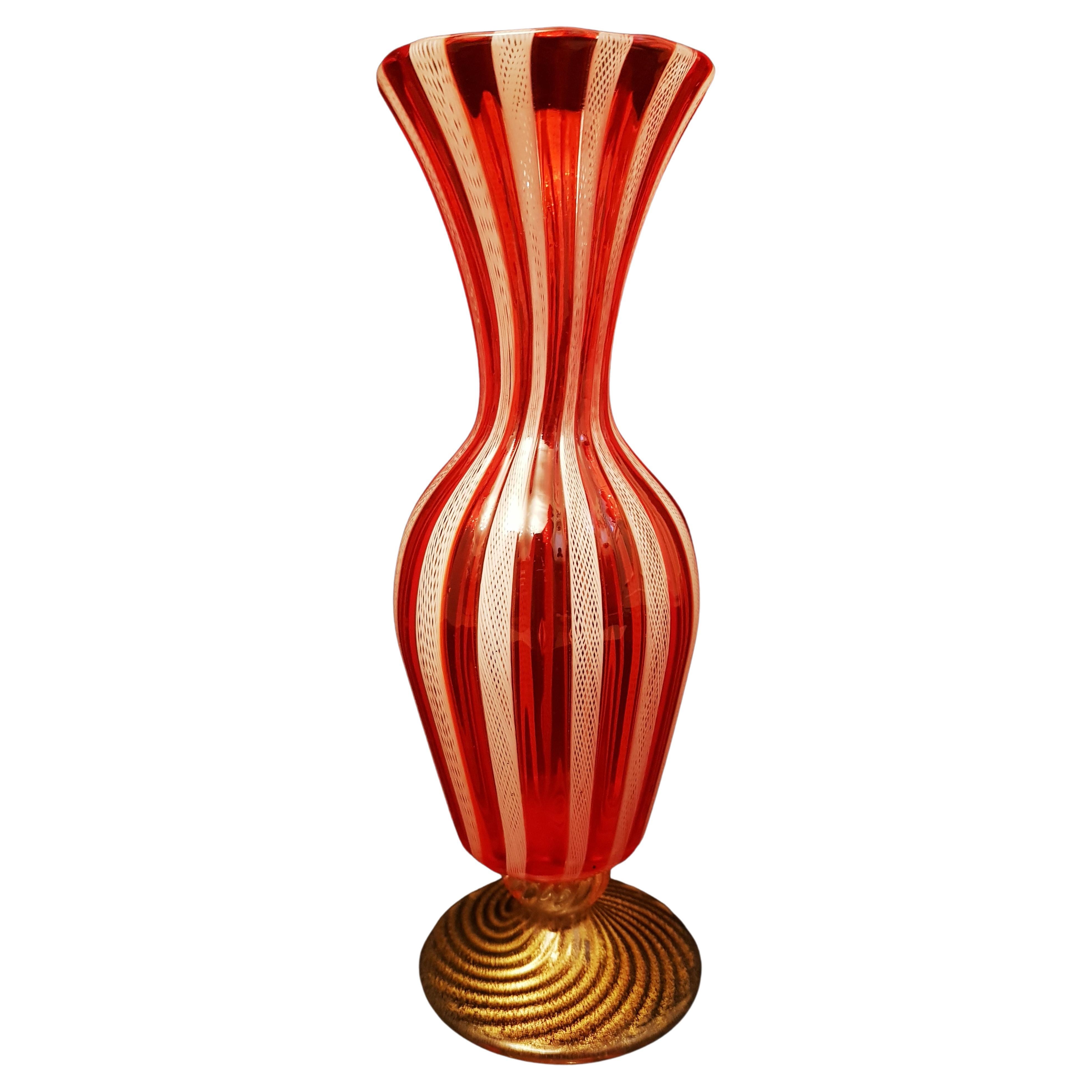 Middle of Century Murano Glass Zanfirico Laticino with Gold Leaf Vase