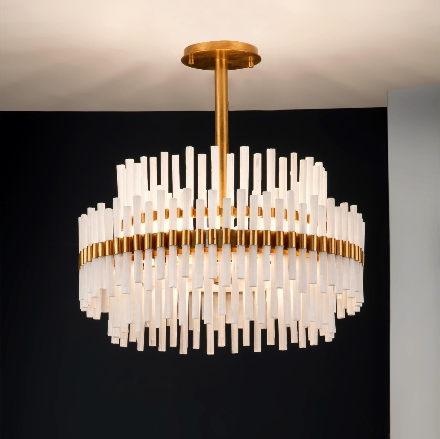 Selenite chandelier lamp by Aver 
Dimensions: Diameter 84 x H 50 cm 
Materials: Aluminum plated with Gold Leaf. Natural Selenite. 
Lighting: 12 x E14
Finish: Silver Veneer, Aged Silver Veneer, Gold Veneer, Aged Gold Veneer, Copper Veneer, Aged