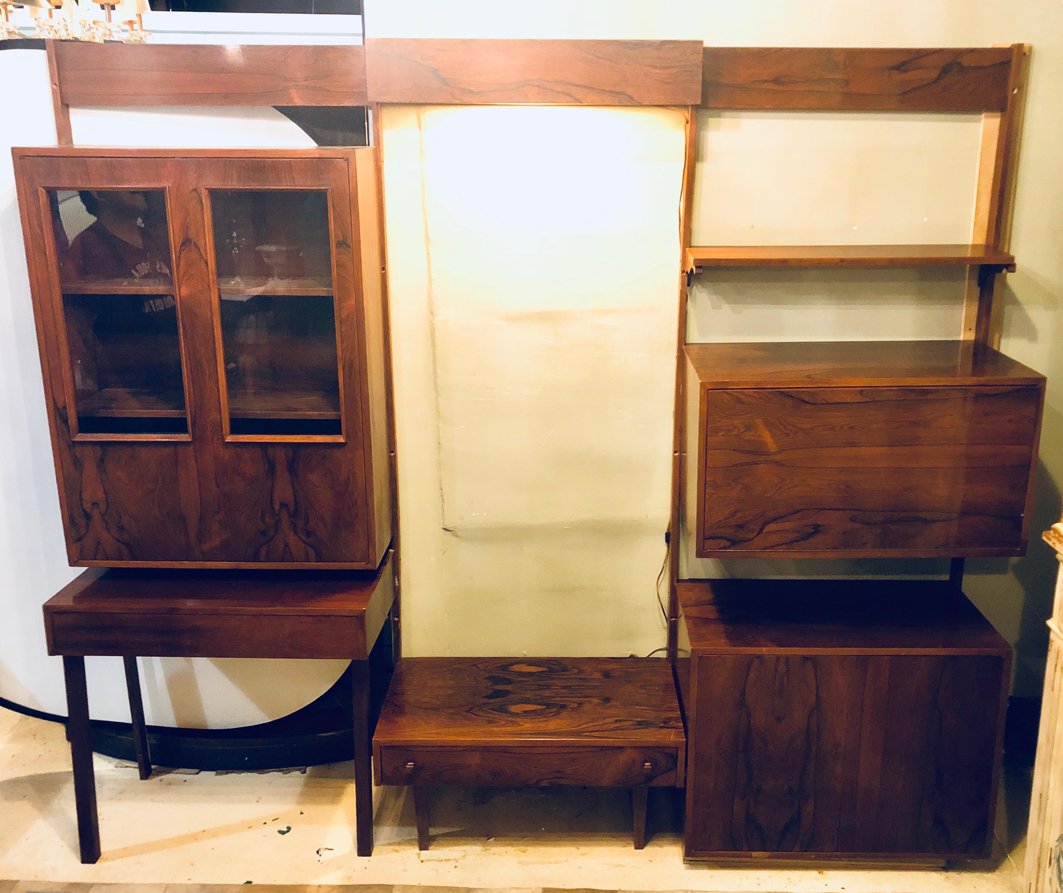 20th Century Midentury Rosewood Wall-Unit Including Table, Desk, Curio Cabinet and Light