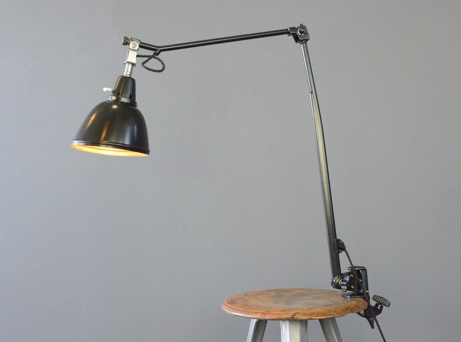 Midgard Typ 114 Table Lamp By Curt Fischer Circa 1930s

- Fully articulated
- Clamp on with original Bakelite knob
- Aluminium shade
- Takes E27 fitting bulbs
- On/Off toggle switch on the head of the lamp
- Designed by Curt Fischer 
- German ~