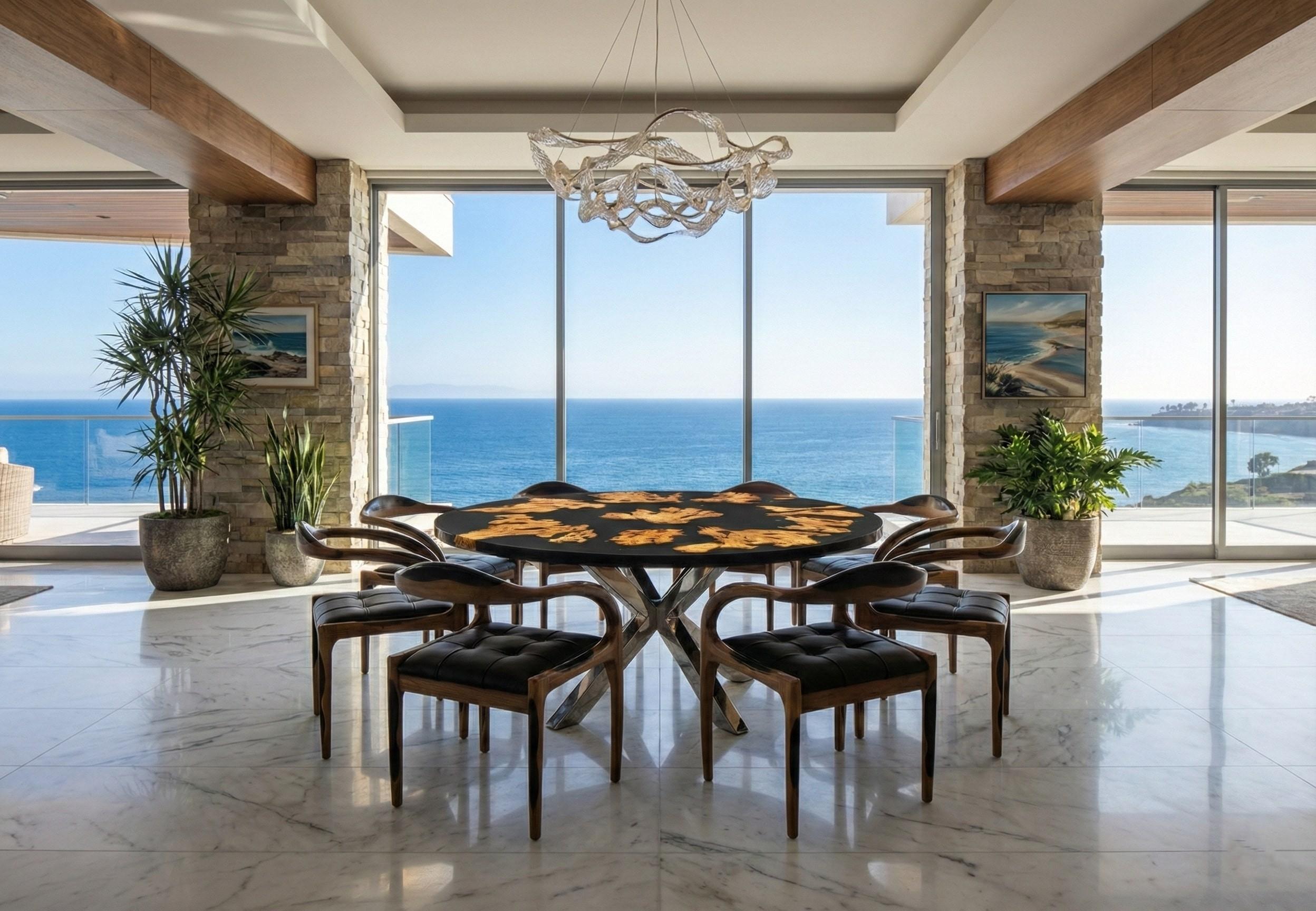 Organique Table de salle à manger ronde Midge : bois d'olivier, résine et pieds araignées chromés de qualité supérieure en vente