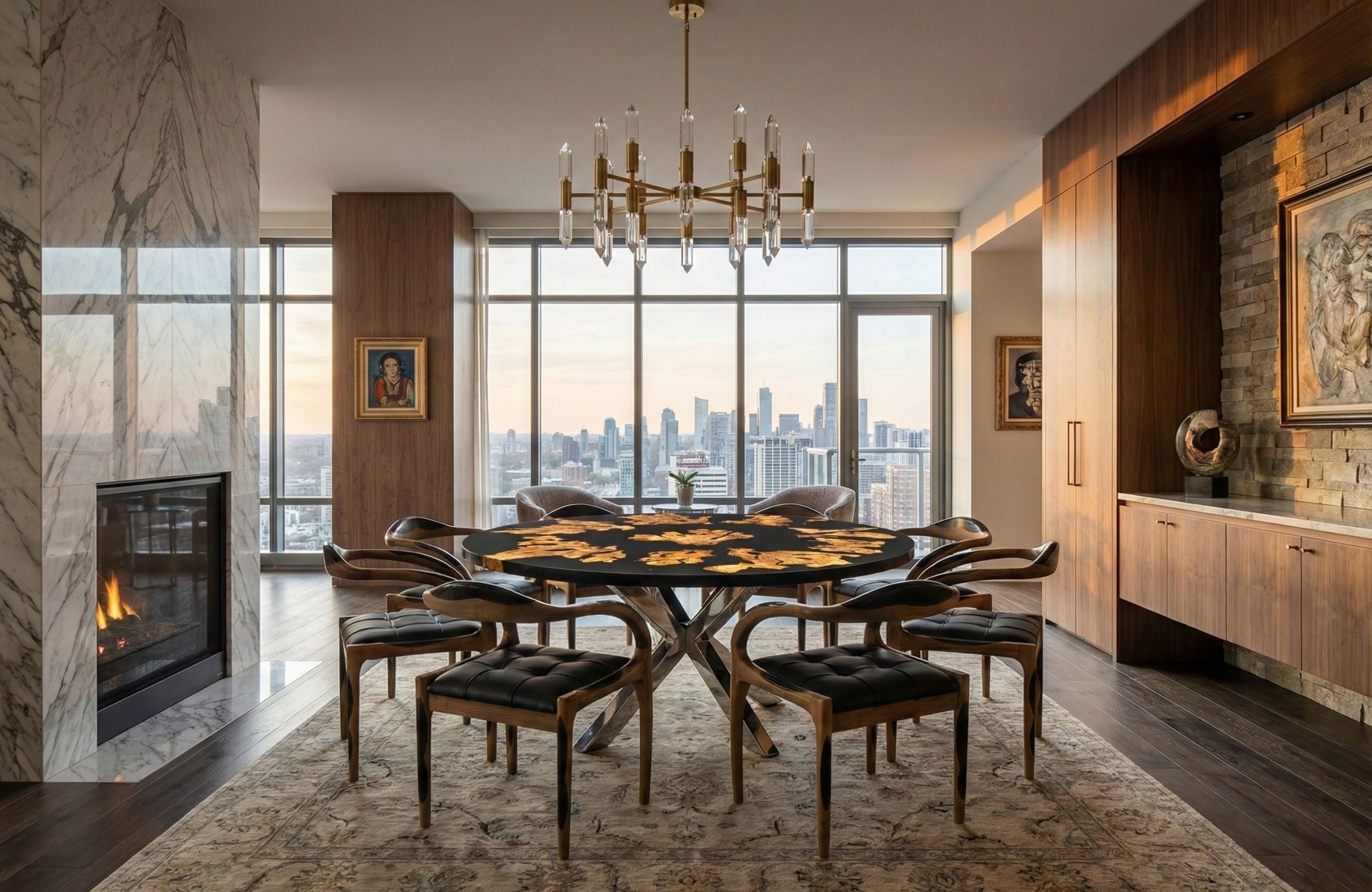 Fait main Table de salle à manger ronde Midge : bois d'olivier, résine et pieds araignées chromés de qualité supérieure en vente