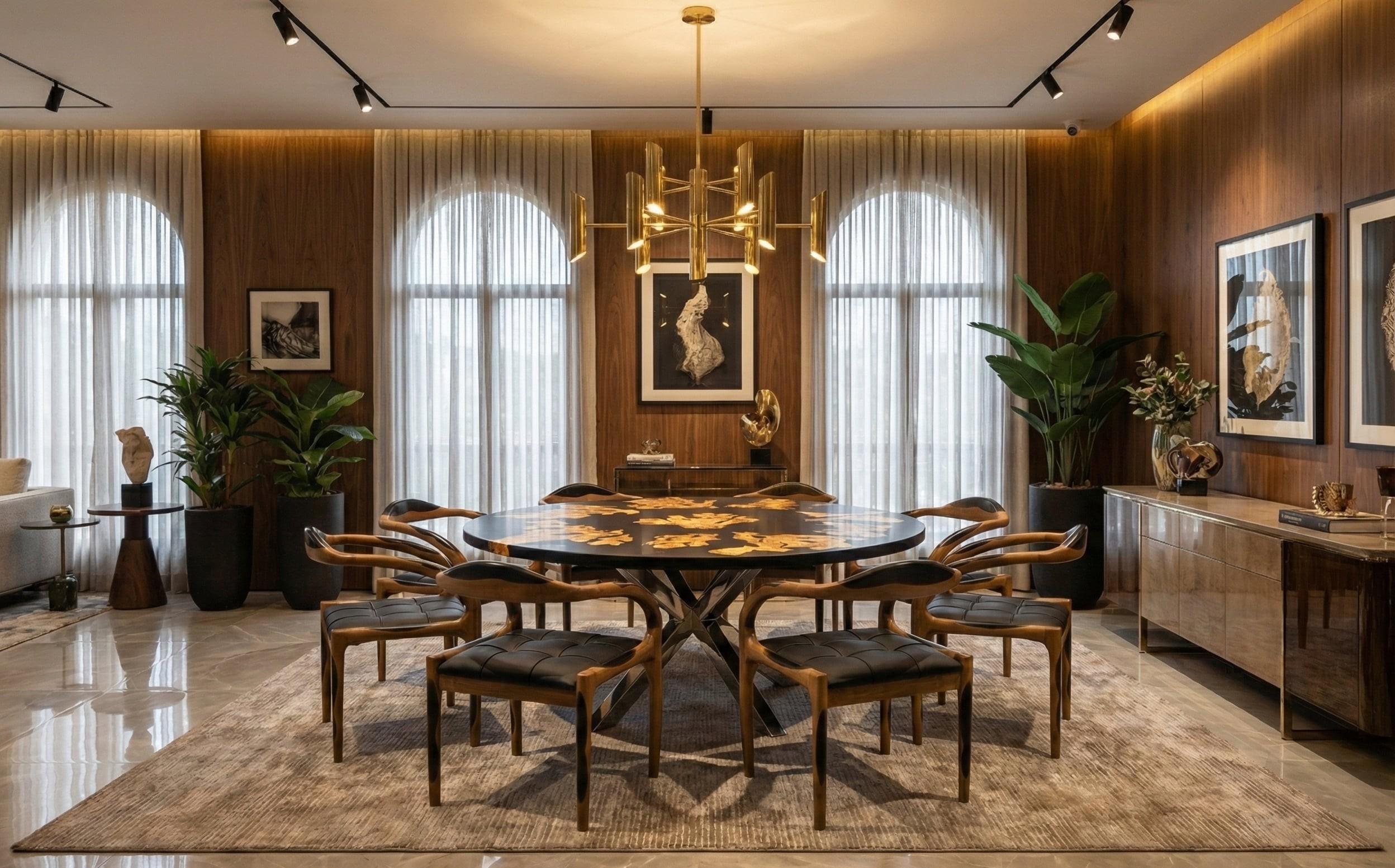 XXIe siècle et contemporain Table de salle à manger ronde Midge : bois d'olivier, résine et pieds araignées chromés de qualité supérieure en vente