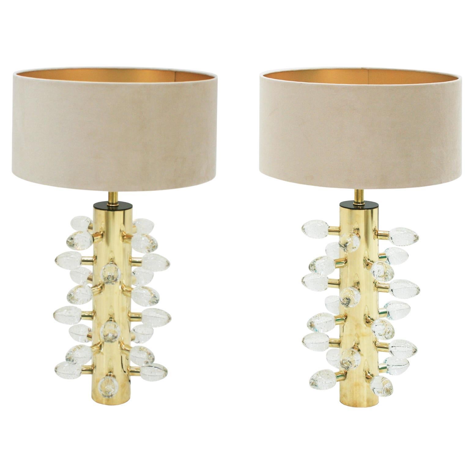 Midmodern Style Brass and Clear Murano Glass Italian Table Lamps For Sale