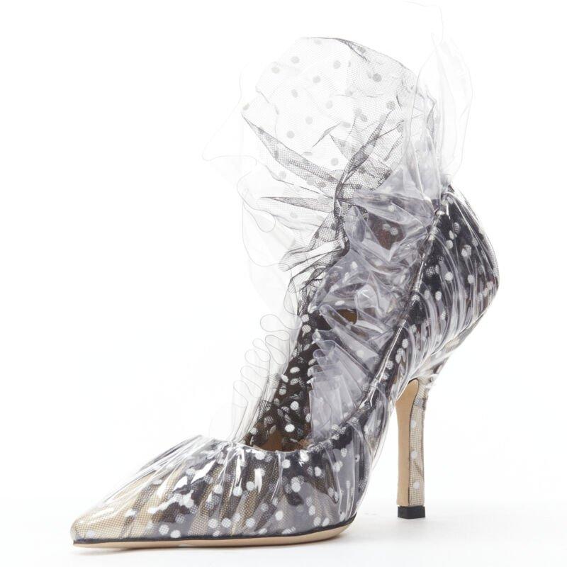 MIDNIGHT 00 black white polka dot tulle PVC frill ruffle pump EU38 In Excellent Condition In Hong Kong, NT