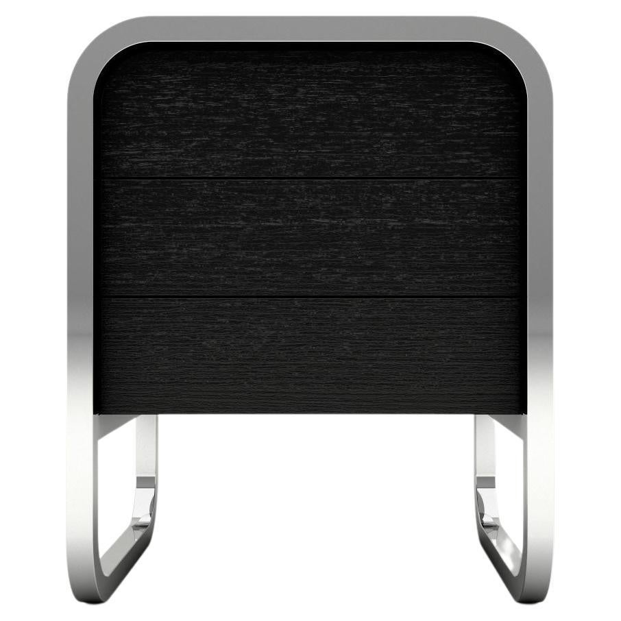 Midnight Bedside Table - Modern Black Lacquered Table with Stainless Steel Leg For Sale