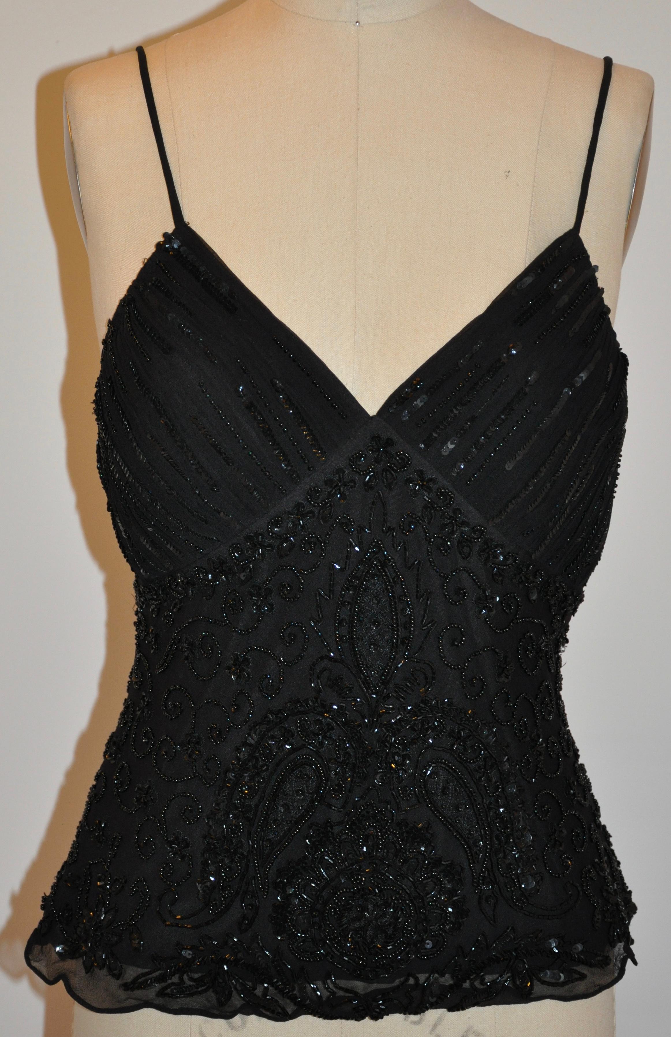 Midnight Black Fully Lined Silk Chiffon Beaded Evening Top In Good Condition For Sale In New York, NY