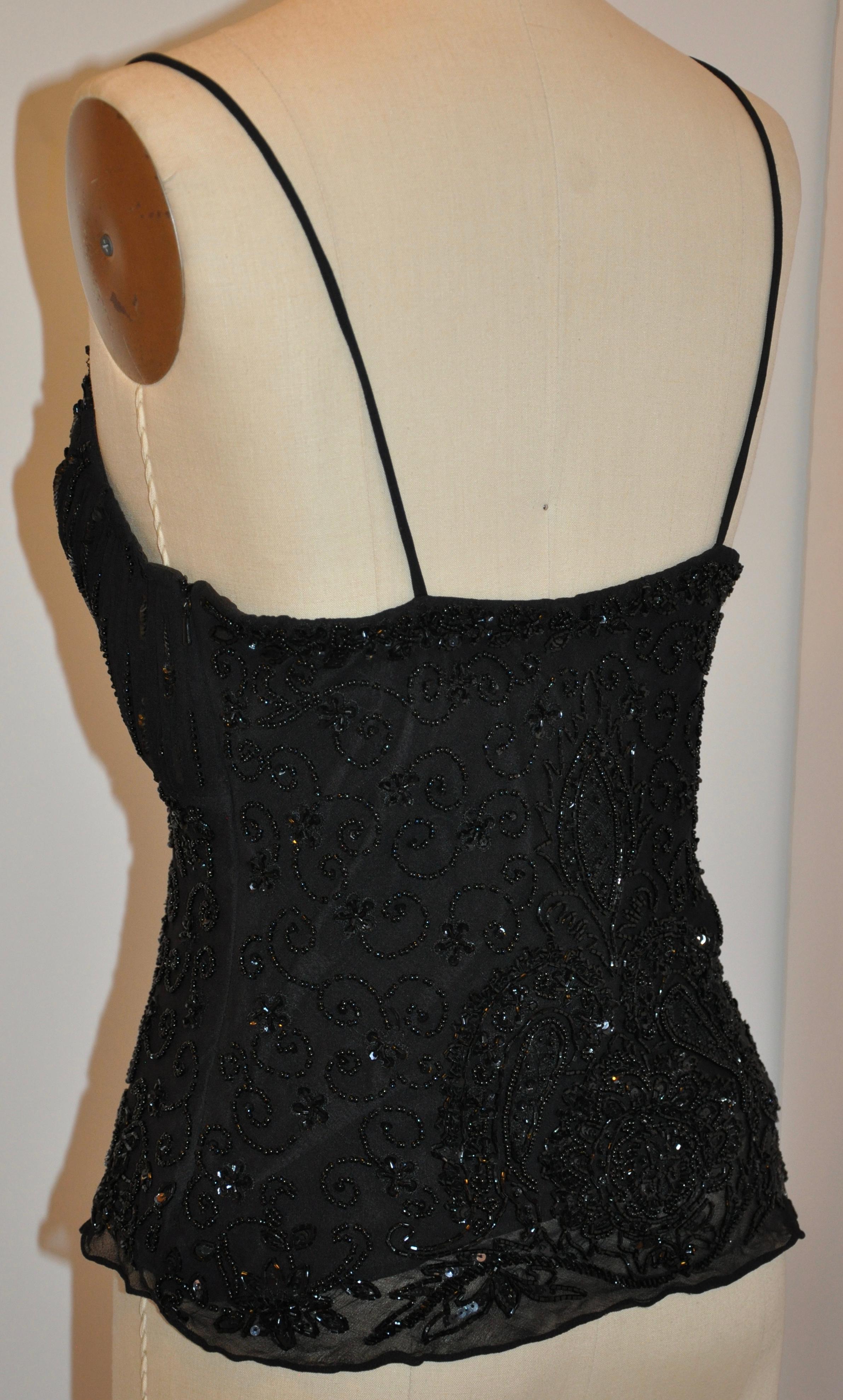 Women's or Men's Midnight Black Fully Lined Silk Chiffon Beaded Evening Top For Sale