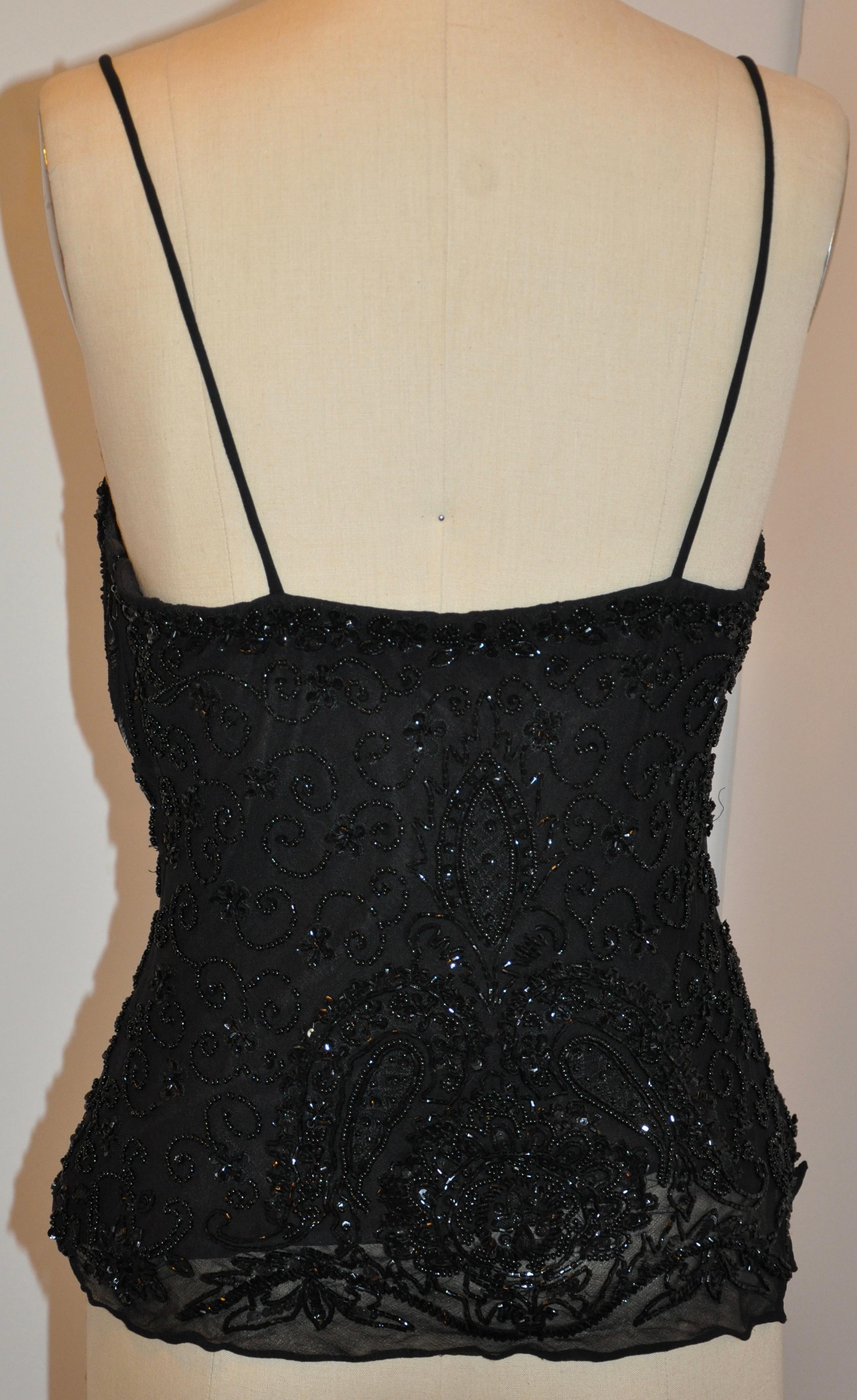 Midnight Black Fully Lined Silk Chiffon Beaded Evening Top For Sale 1