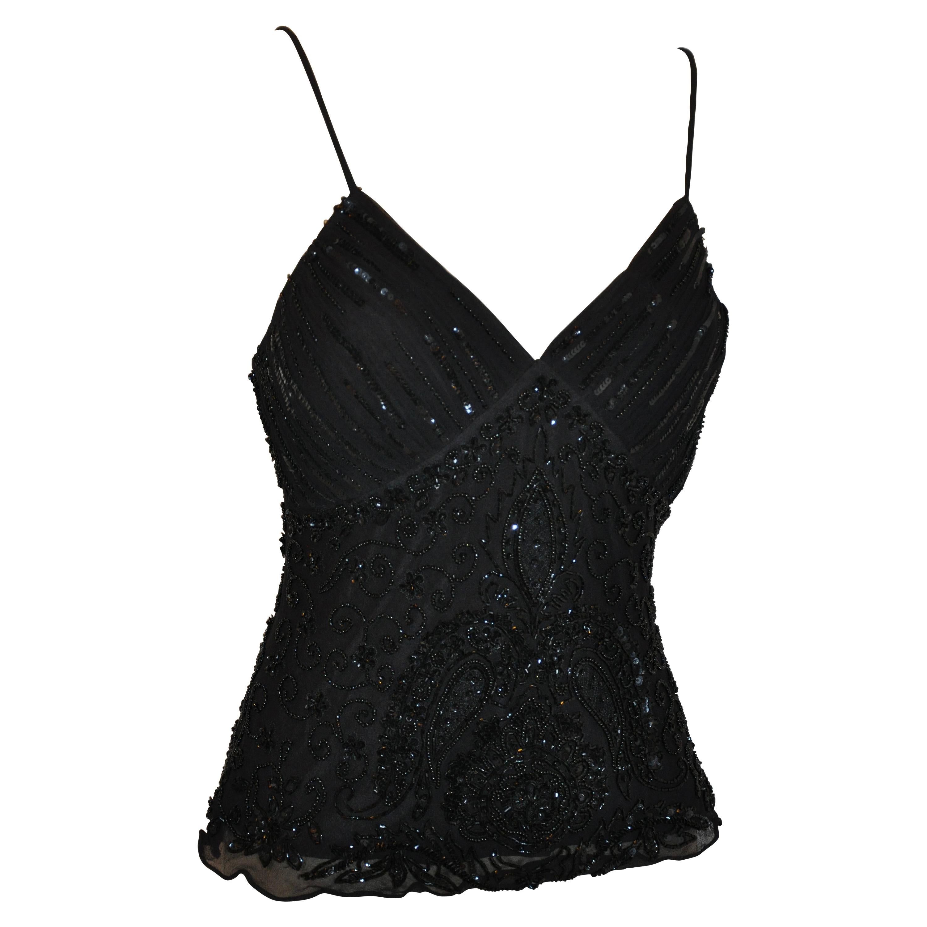 Midnight Black Fully Lined Silk Chiffon Beaded Evening Top For Sale