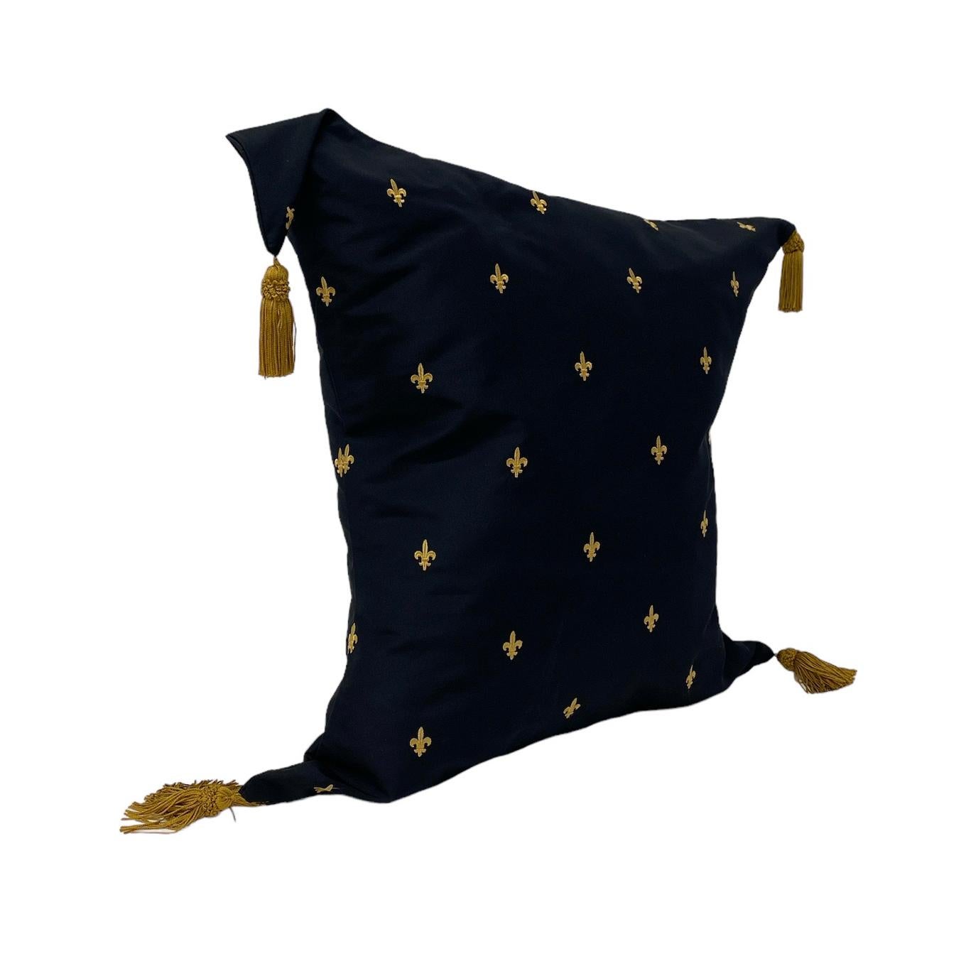 Midnight Black & Gold Fleur-de-Lis Pattern Decorative  Asymmetrical Pillow 
Sumptuous black is further enriched by meticulously embroidered gold fleur-de-lis and lavish corner tassels.  Luxurious comfort to tempt even the most capricious