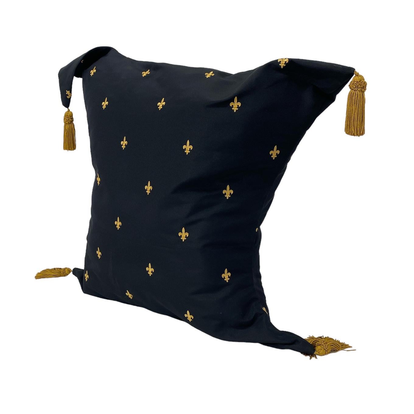 American Midnight Black & Gold Fleur-de-Lis Pattern Decorative Pillow  For Sale