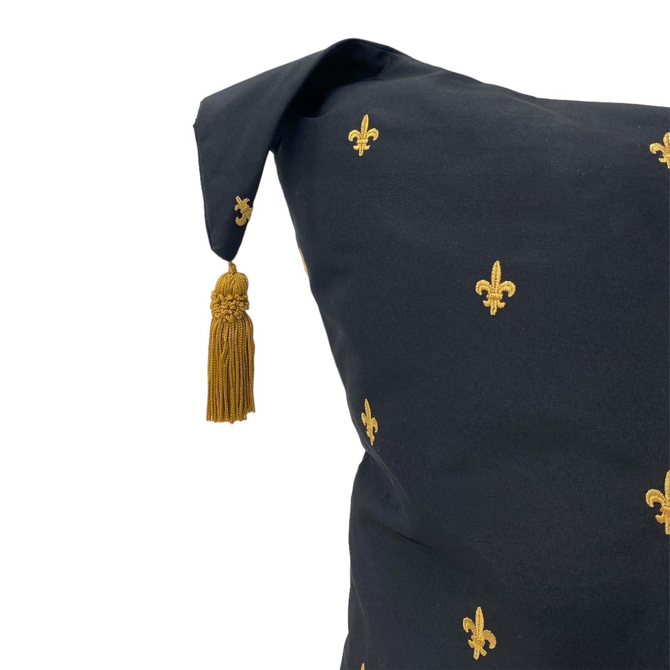 Embroidered Midnight Black & Gold Fleur-de-Lis Pattern Decorative Pillow  For Sale