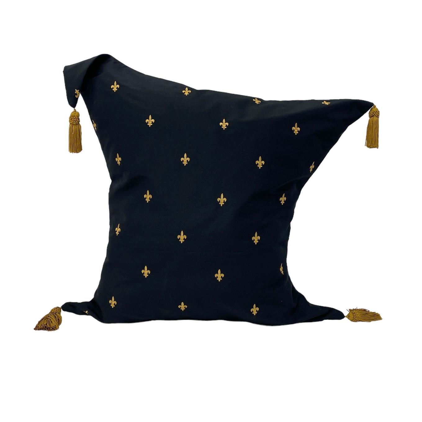 Midnight Black & Gold Fleur-de-Lis Pattern Decorative Pillow  For Sale