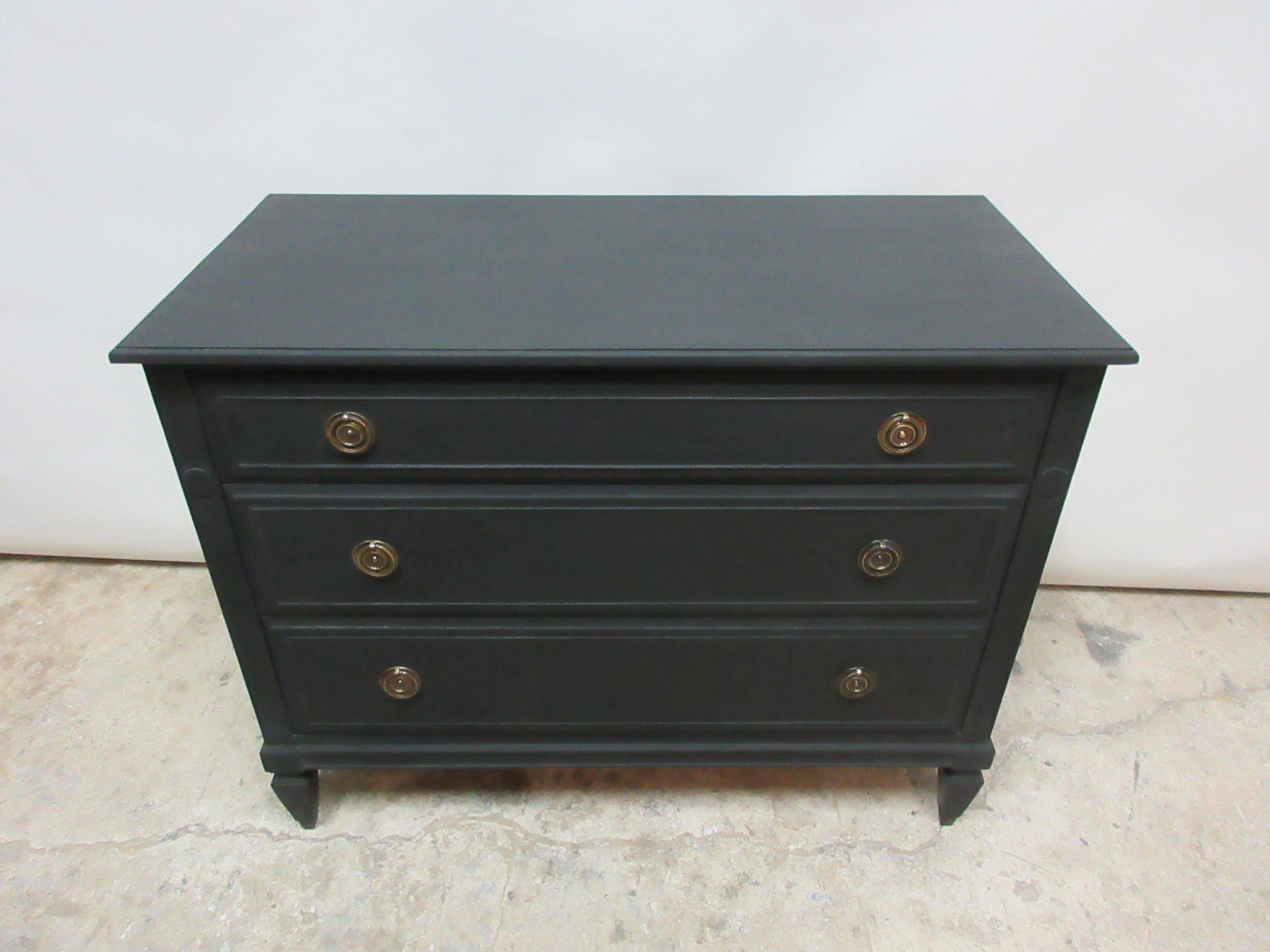 This is a midnight black Gustavian 3-drawer chest. Its been restored and repainted with milk paints 