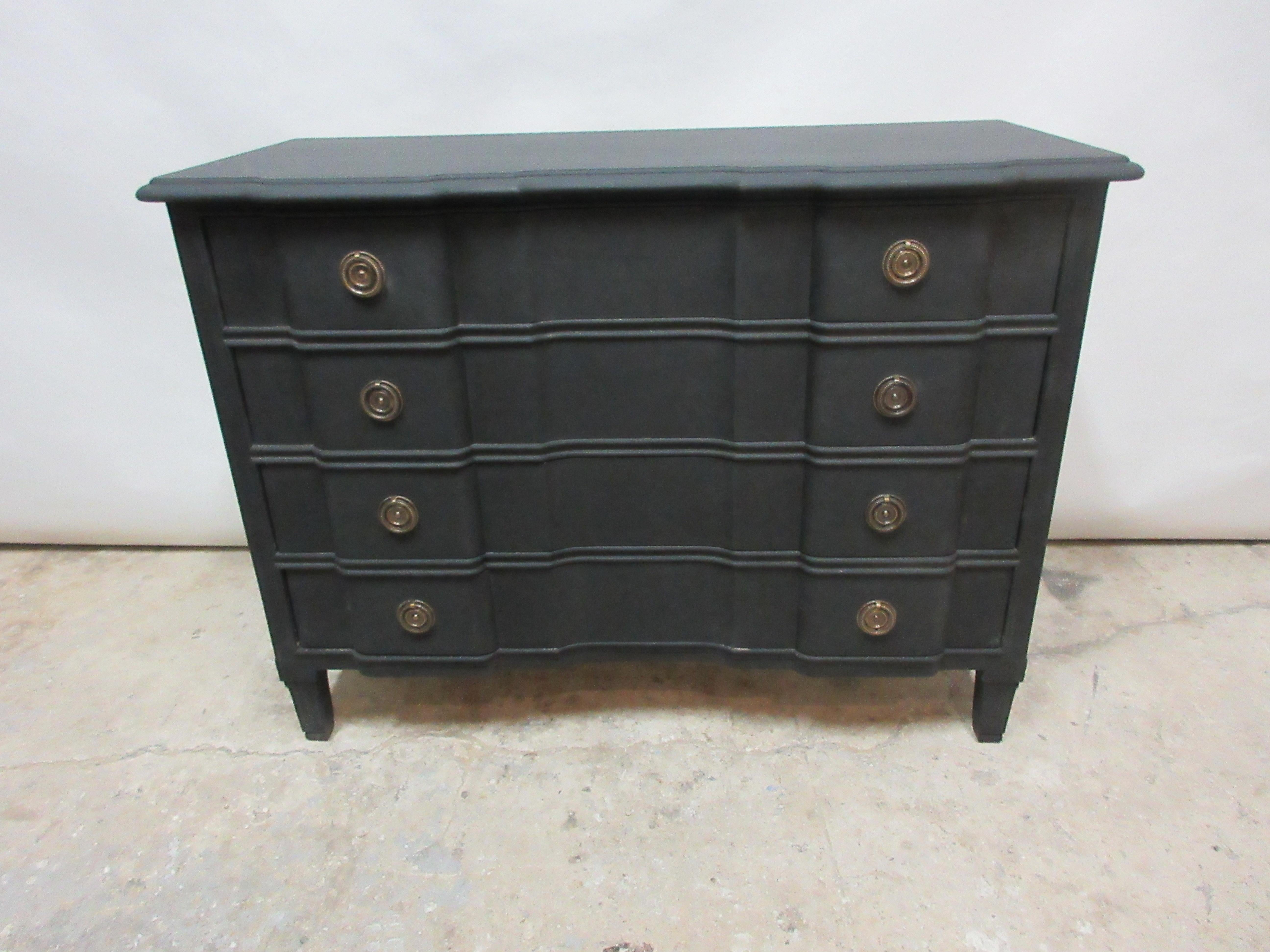 This is a midnight black Gustavian Style chest, it has been restored and repainted with milk paints 