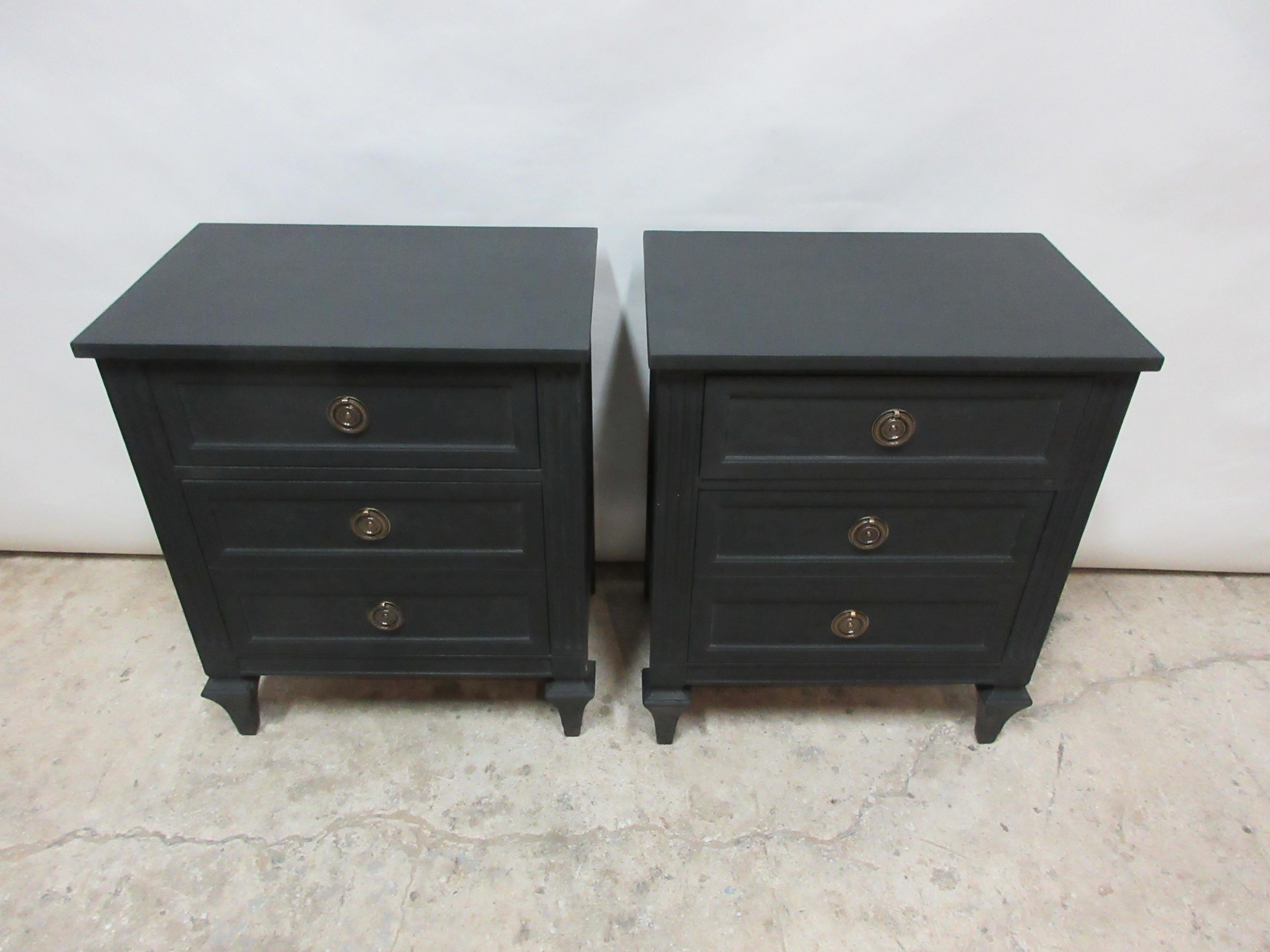 This is a set of 2 midnight black Gustavian Style nightstands. They have been restored and repainted with milk paints 