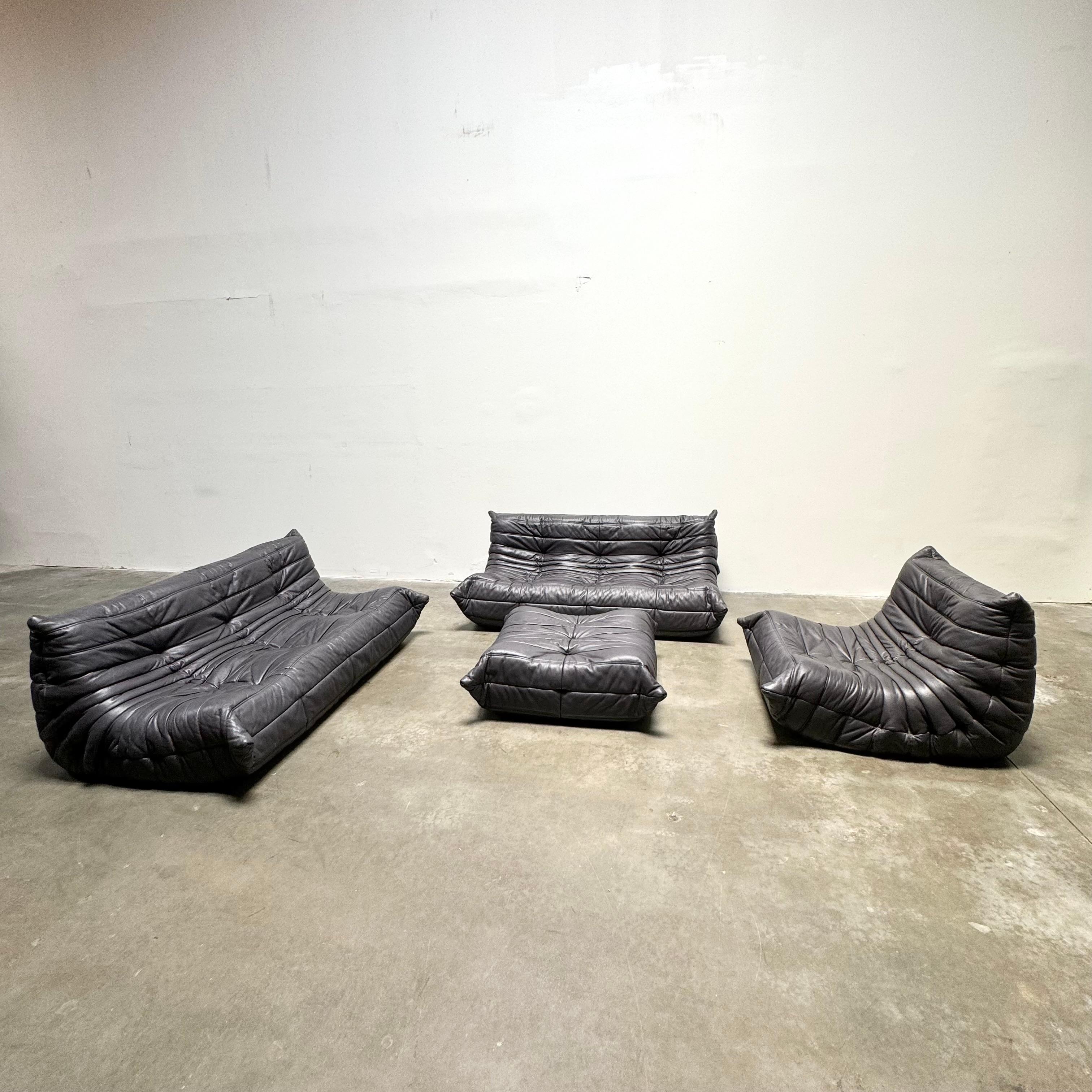 Mid-Century Modern Midnight Black Leather Togo Suite by Michel Ducaroy for Ligne Roset, 1990s