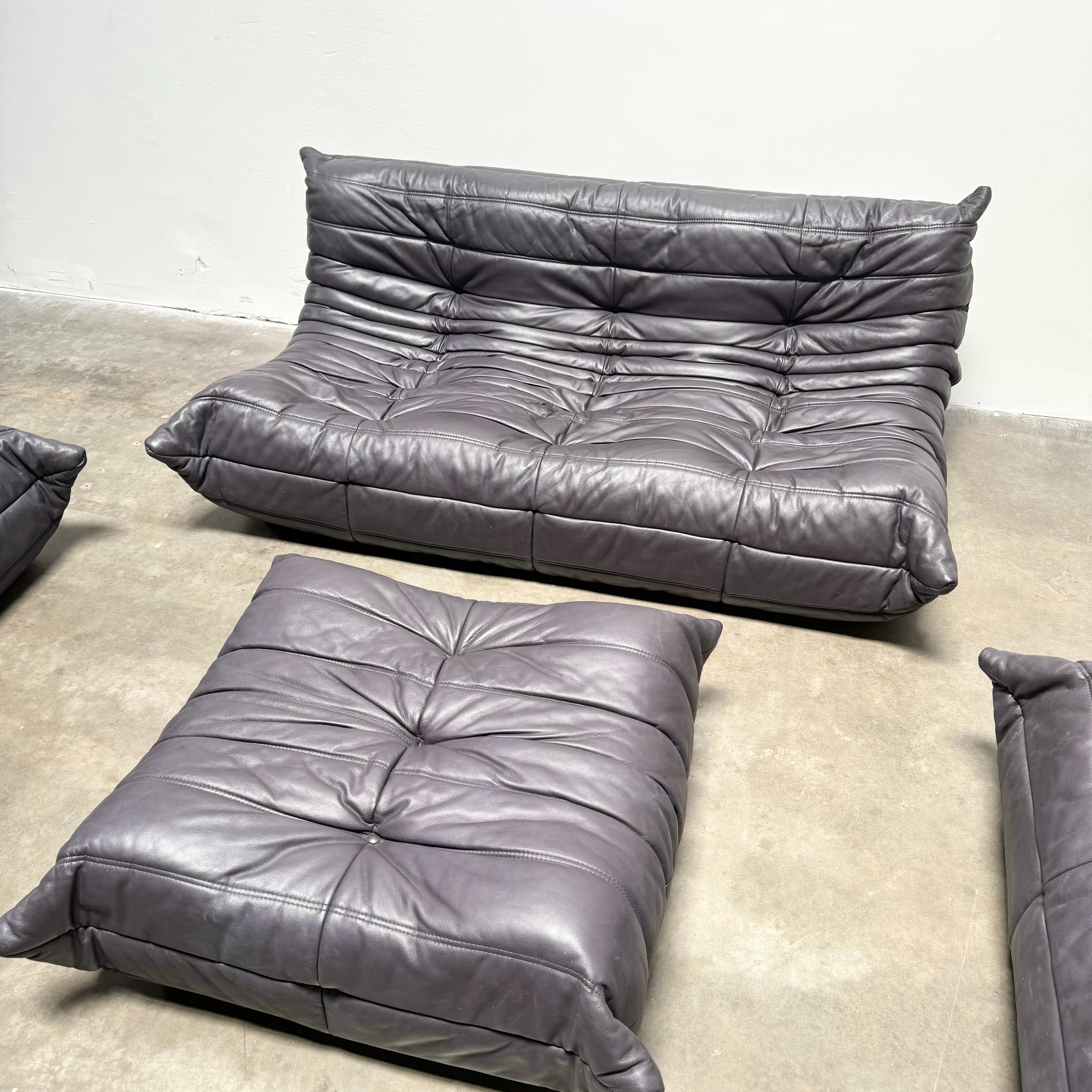 French Midnight Black Leather Togo Suite by Michel Ducaroy for Ligne Roset, 1990s