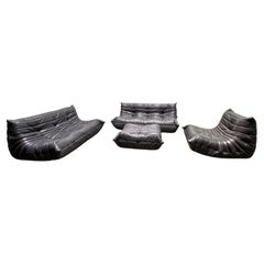 Midnight Black Leather Togo Suite by Michel Ducaroy for Ligne Roset, 1990s