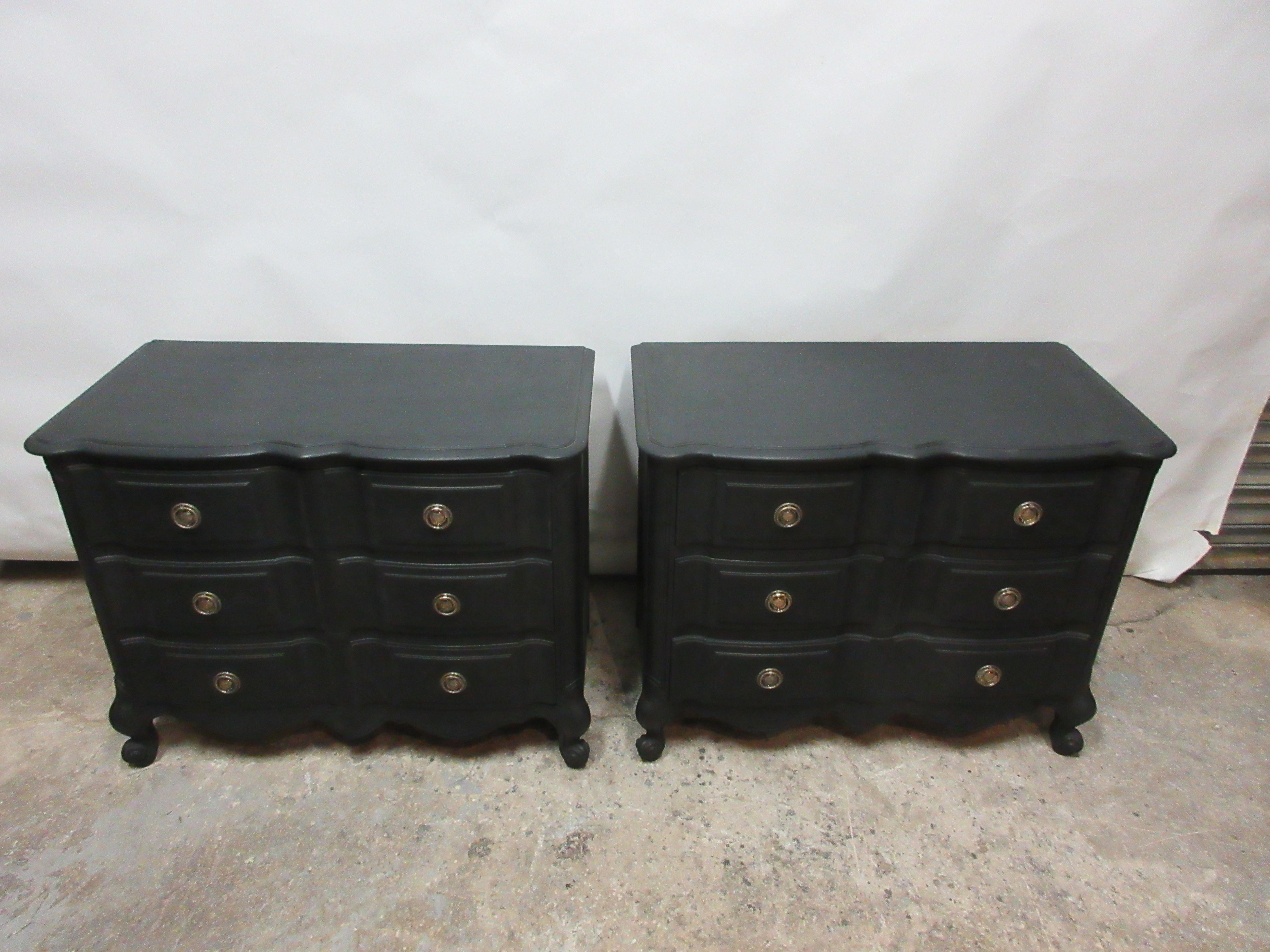 This is a set of midnight black Rococo chest of drawers. They have been restored and repainted with milk paints midnight black.