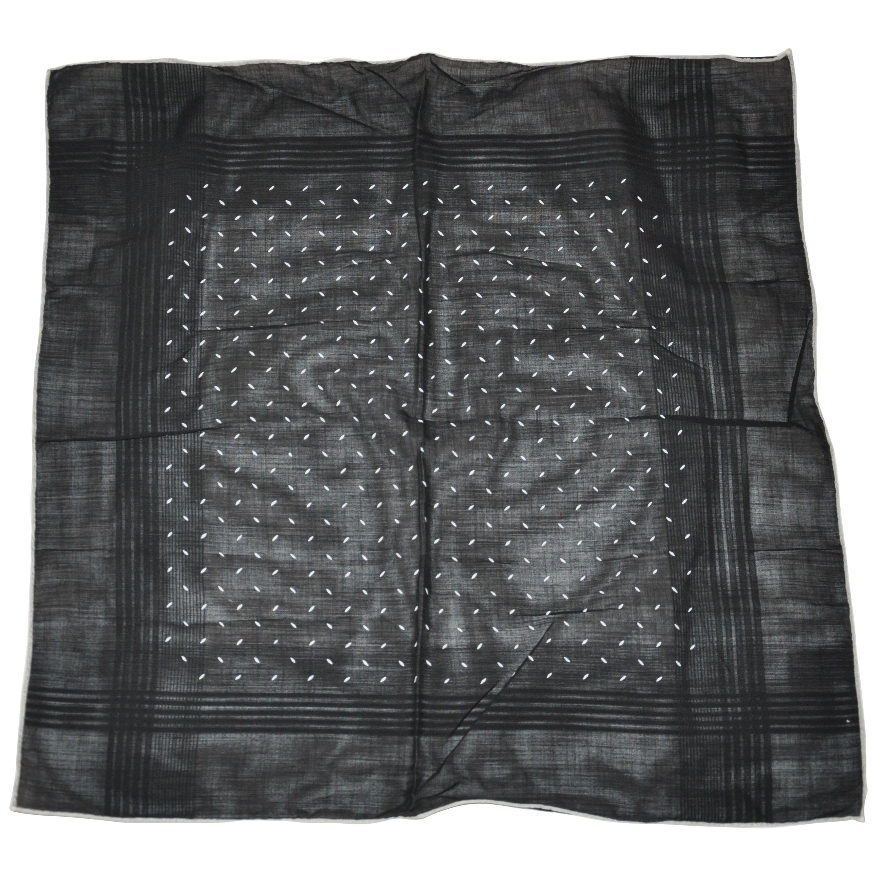 Midnight Black with Ivory Border "Raindrops" Cotton Handkerchief For Sale