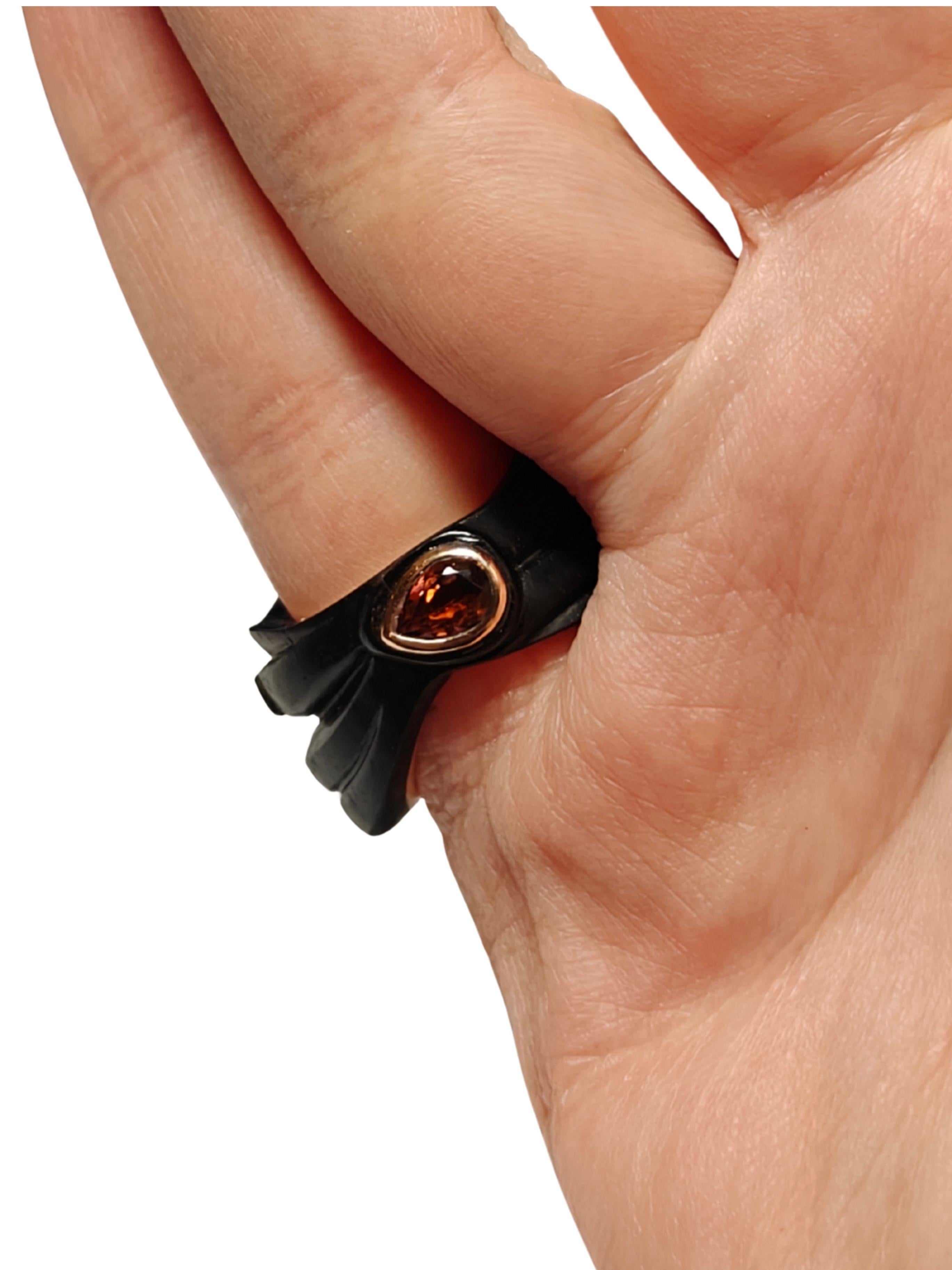 Artist Cocktail Ring 14K Pink Gold, Ebony Wood, 28ct Smoky Quartz Gemstone Flower For Sale