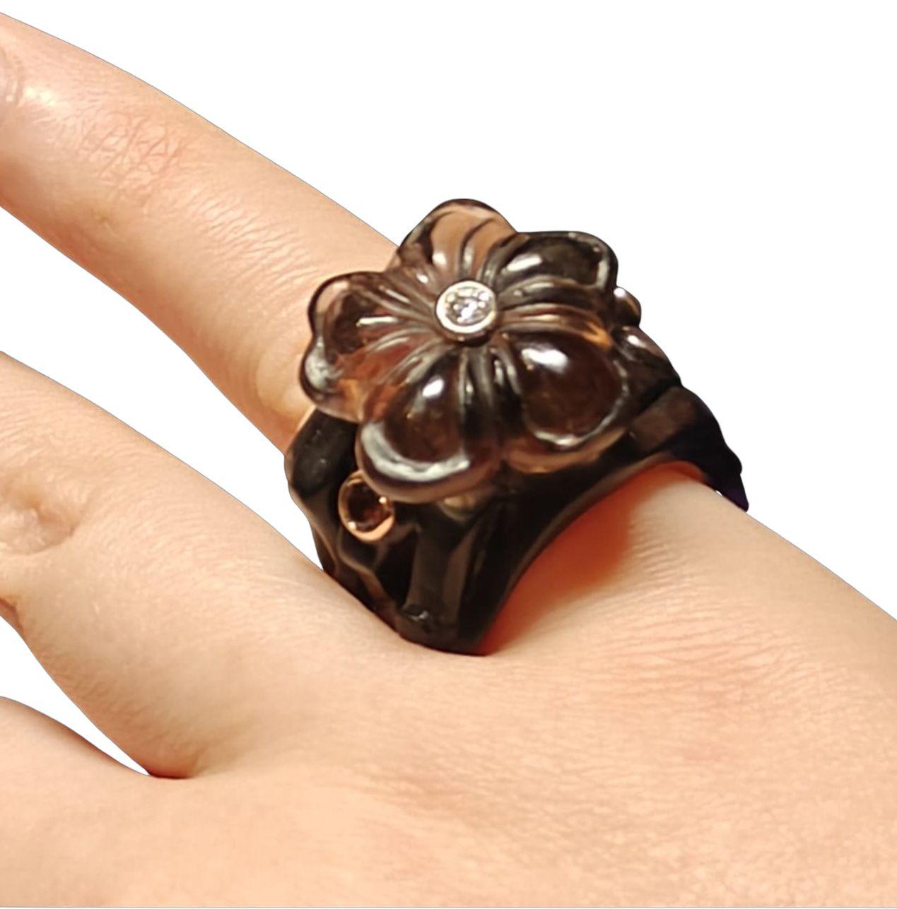 Mixed Cut Cocktail Ring 14K Pink Gold, Ebony Wood, 28ct Smoky Quartz Gemstone Flower For Sale