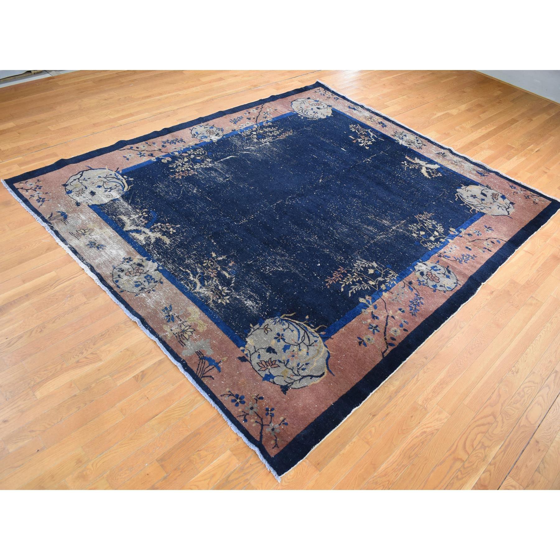 Hand-Knotted Midnight Blue Antique Chinese Peking Clean Hand Knotted Pure Wool Even Wear Rug