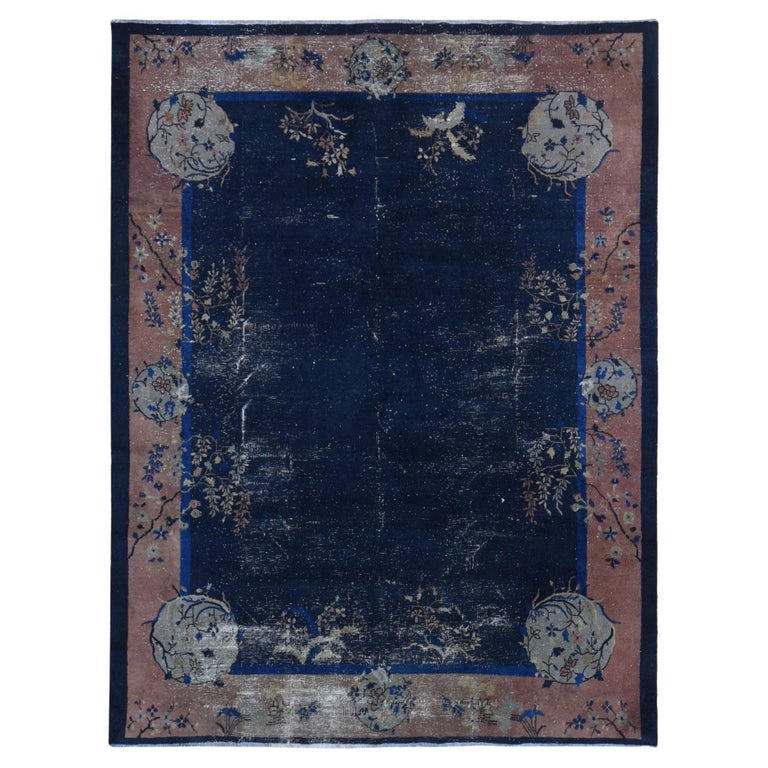 Hand-Knotted Antique Chinese Peking Wool Rug – 9’ x 11’5” – Distressed Blue, 19th Century
